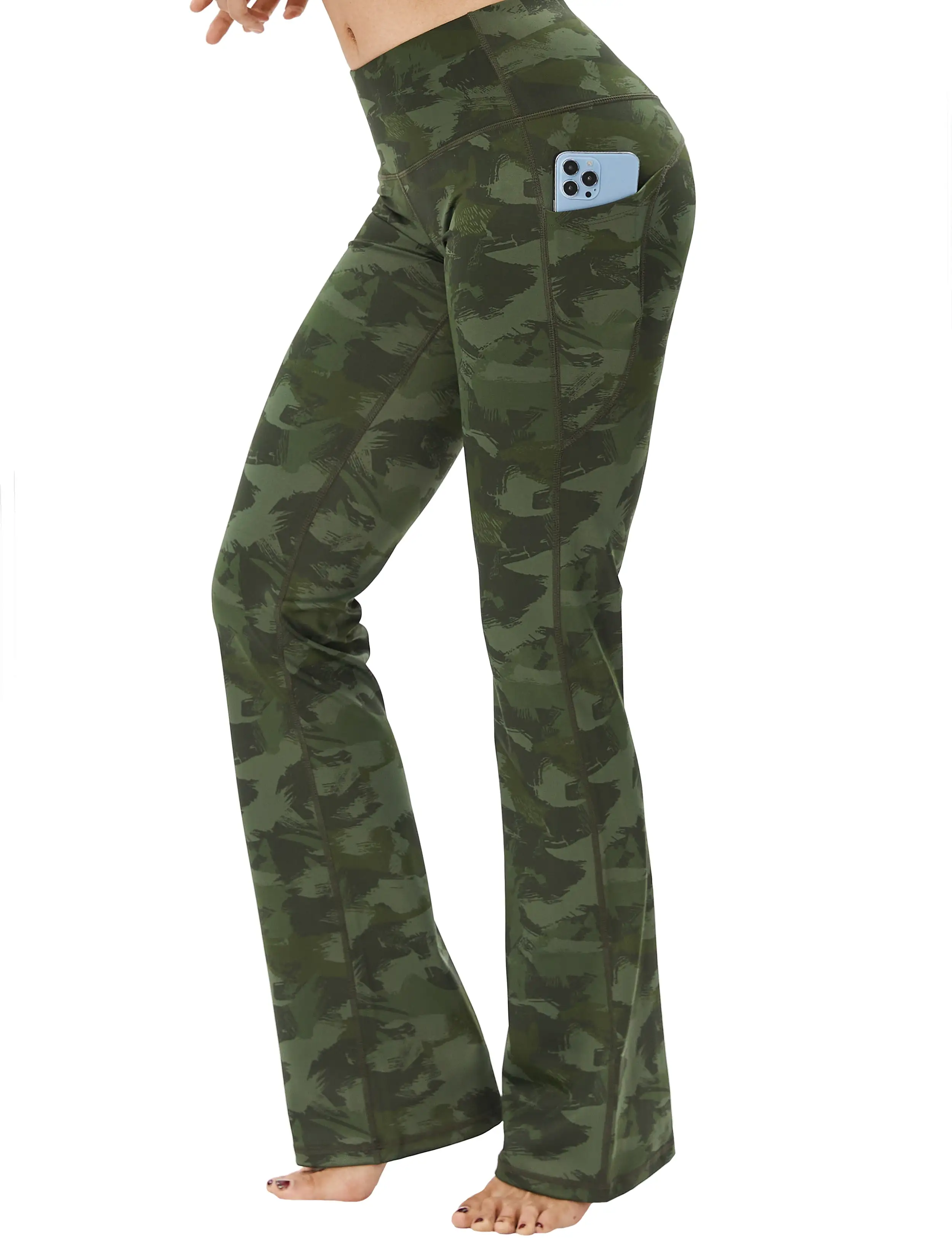 29 31 33 35 37  Side Pockets Printed Bootcut Leggings green brushcamo_yogastudio