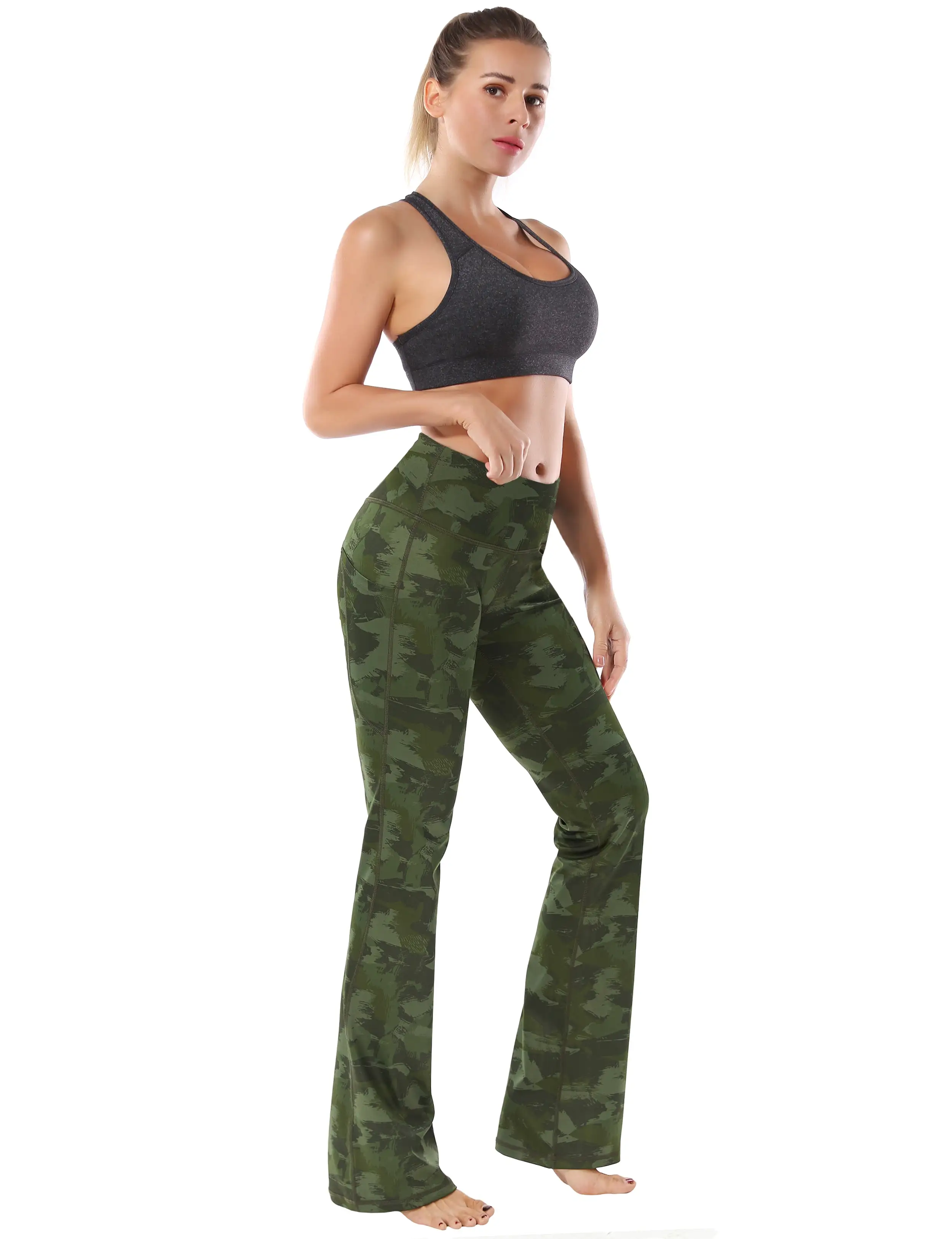 29 31 33 35 37  Side Pockets Printed Bootcut Leggings green brushcamo_yogastudio