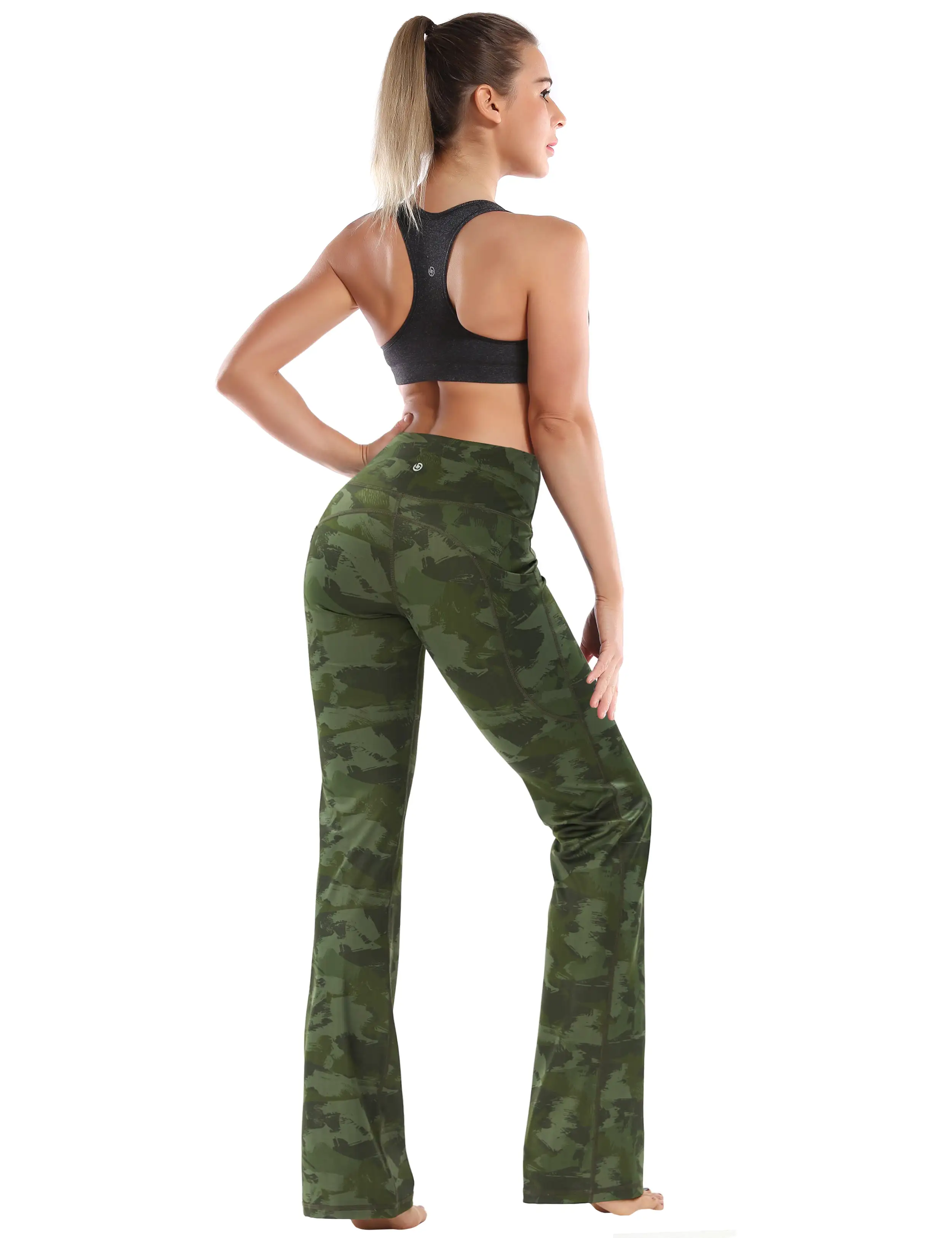 29 31 33 35 37  Side Pockets Printed Bootcut Leggings green brushcamo_yogastudio