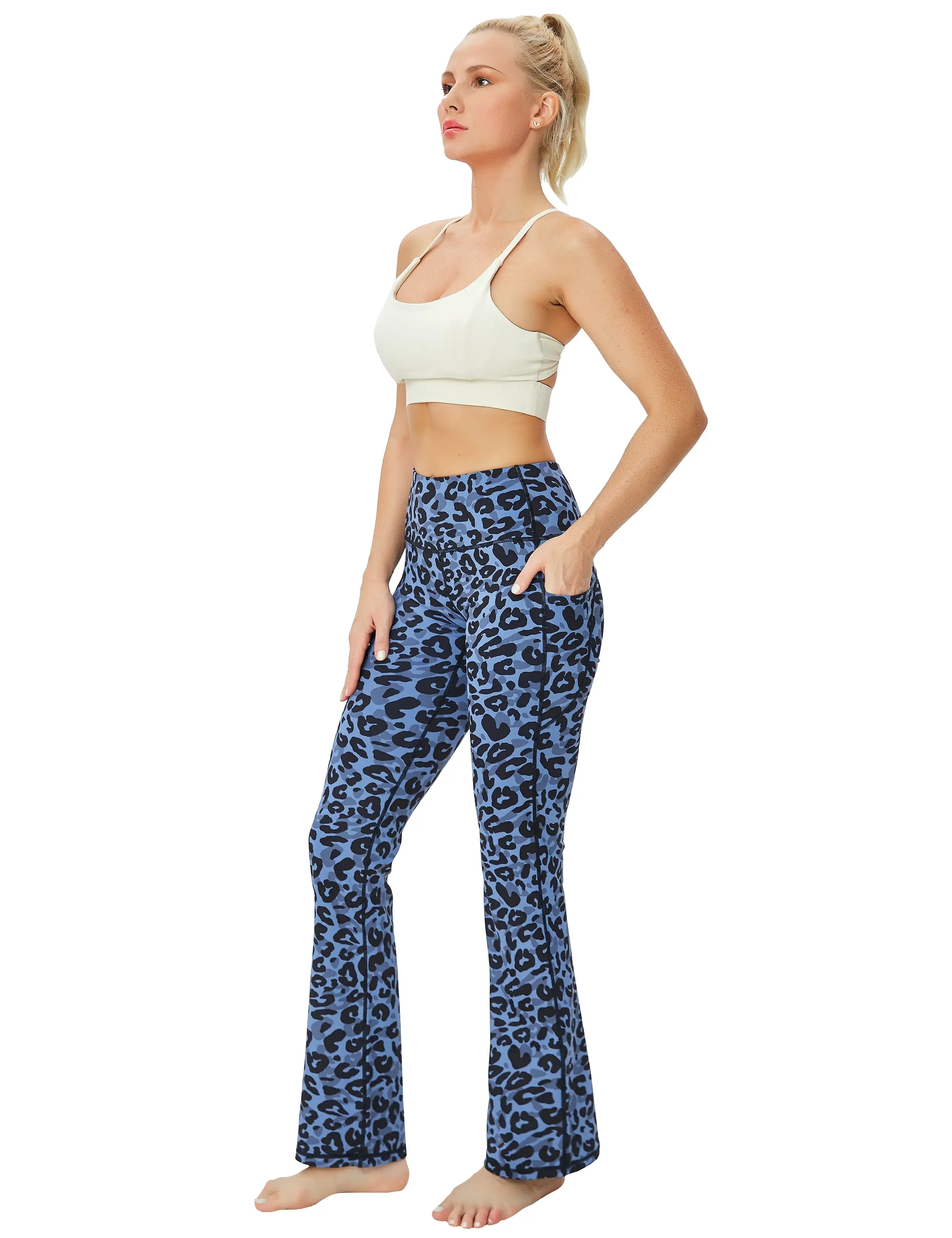 29 31 33 35 37  Side Pockets Printed Bootcut Leggings navy_leopard_yogastudio