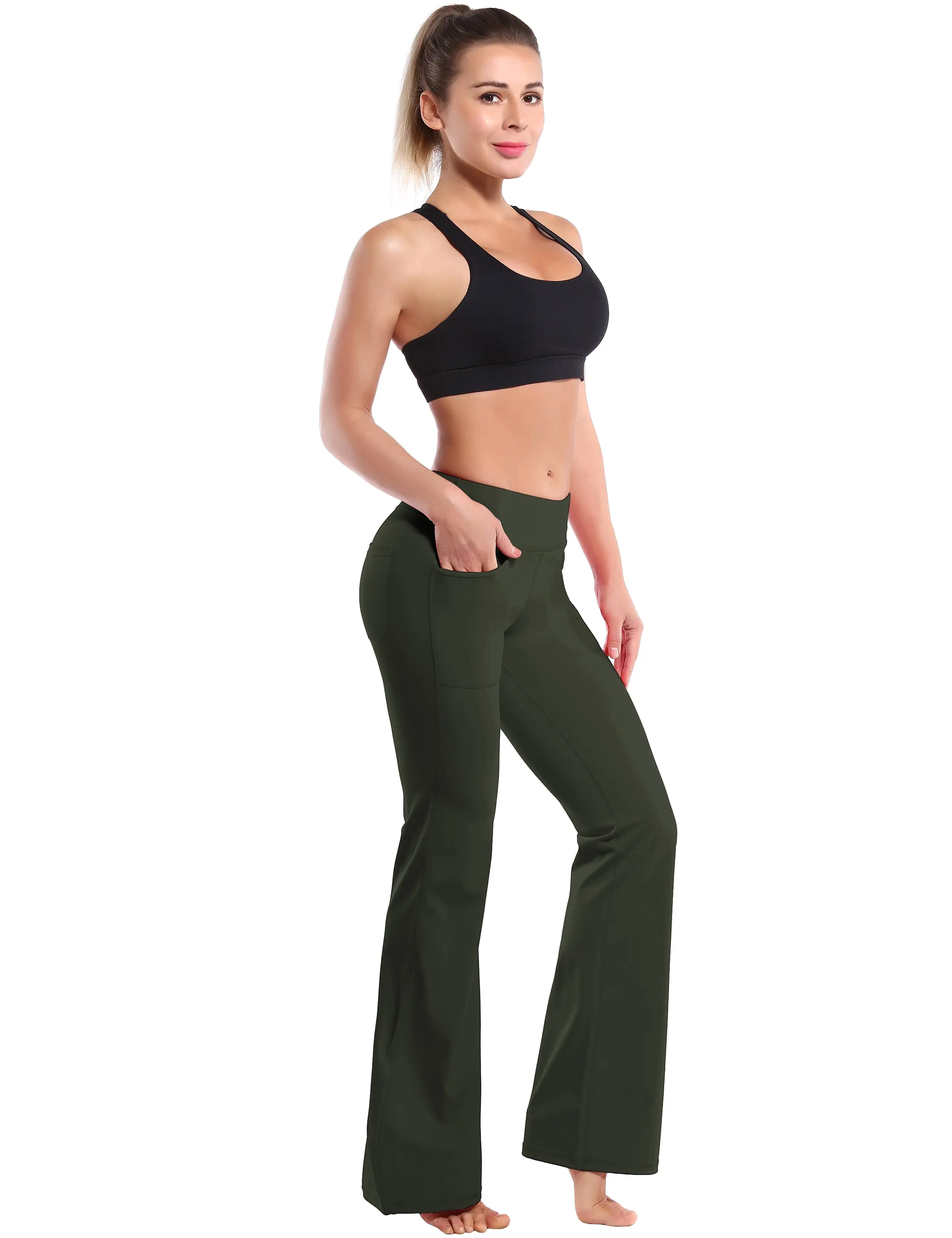 29 31 33 35 Bootcut Leggings with Pockets olivegray ins_yogastudio