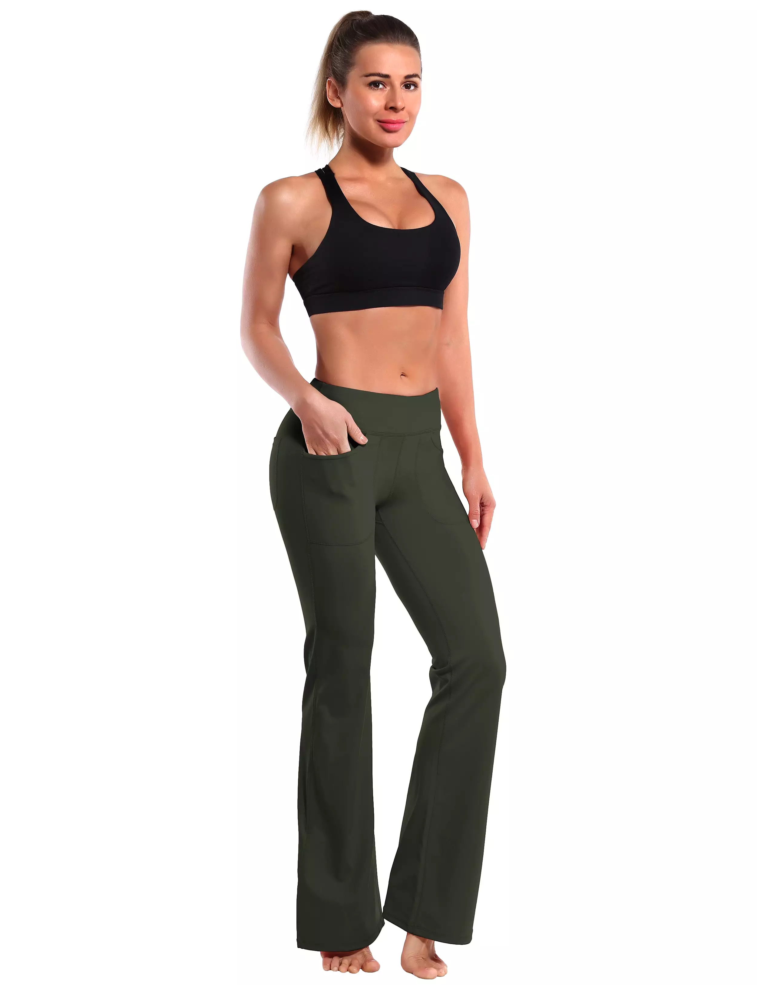 29 31 33 35 Bootcut Leggings with Pockets olivegray ins_yogastudio