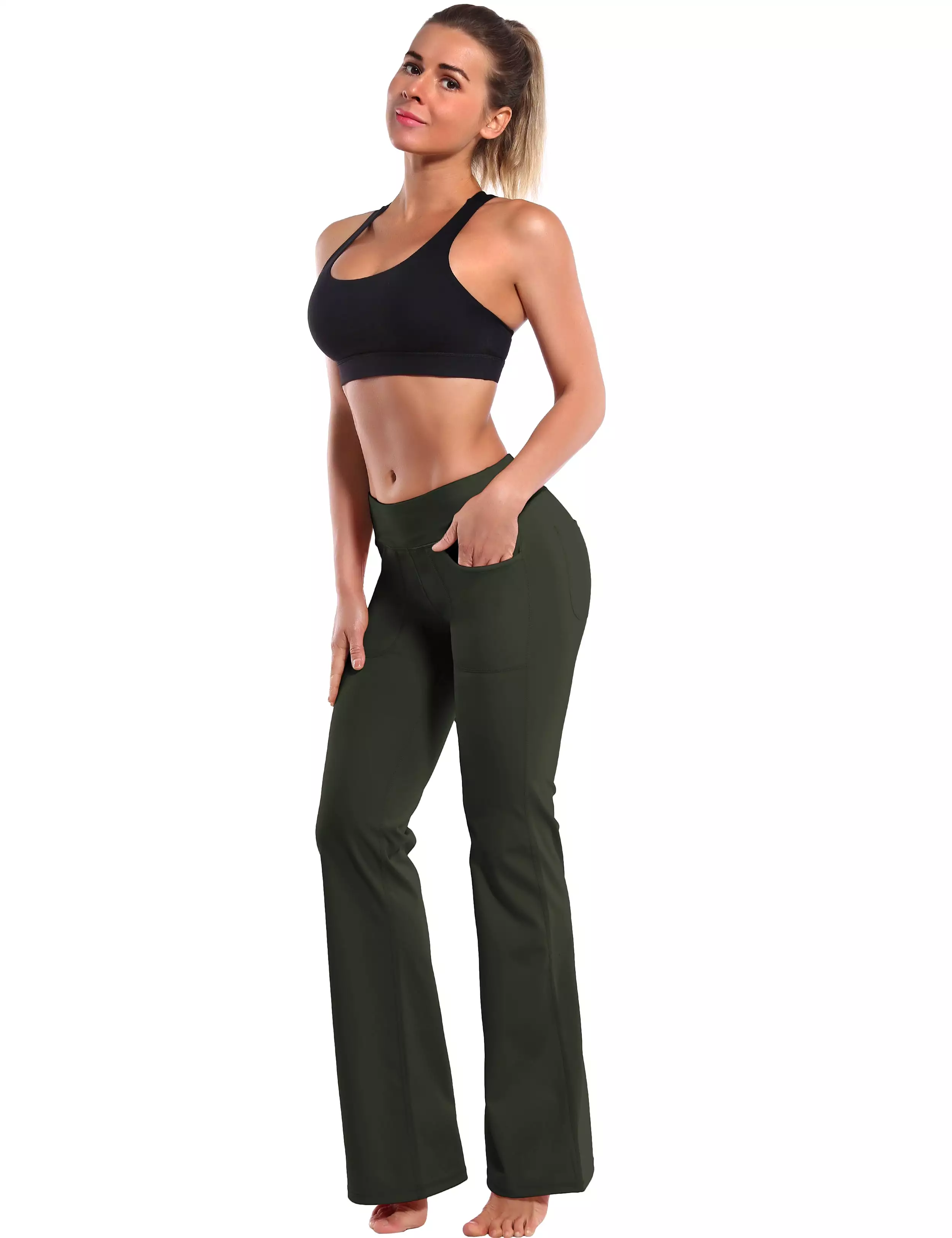 29 31 33 35 Bootcut Leggings with Pockets olivegray ins_yogastudio