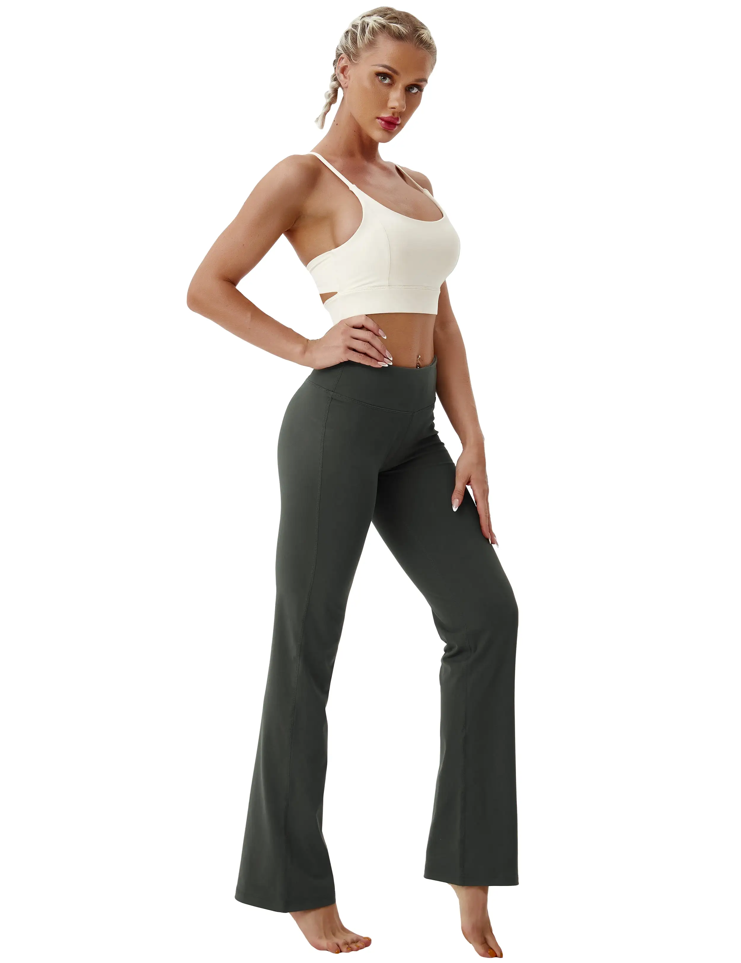 29 31 33 35 Cotton Nylon Bootcut Leggings olivegray_yogastudio