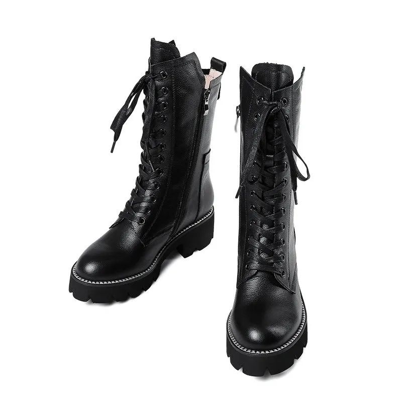 Autumn/Winter Womens Boots / Zip Cross Tied Mid Calf Boots / Square Heel Genuine Leather Boots