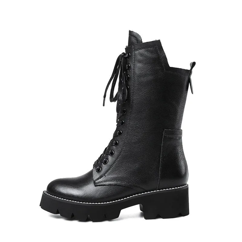 Autumn/Winter Womens Boots / Zip Cross Tied Mid Calf Boots / Square Heel Genuine Leather Boots