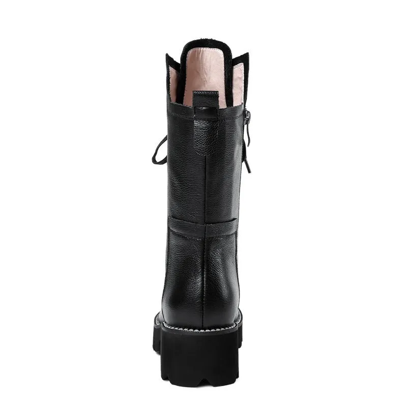 Autumn/Winter Womens Boots / Zip Cross Tied Mid Calf Boots / Square Heel Genuine Leather Boots