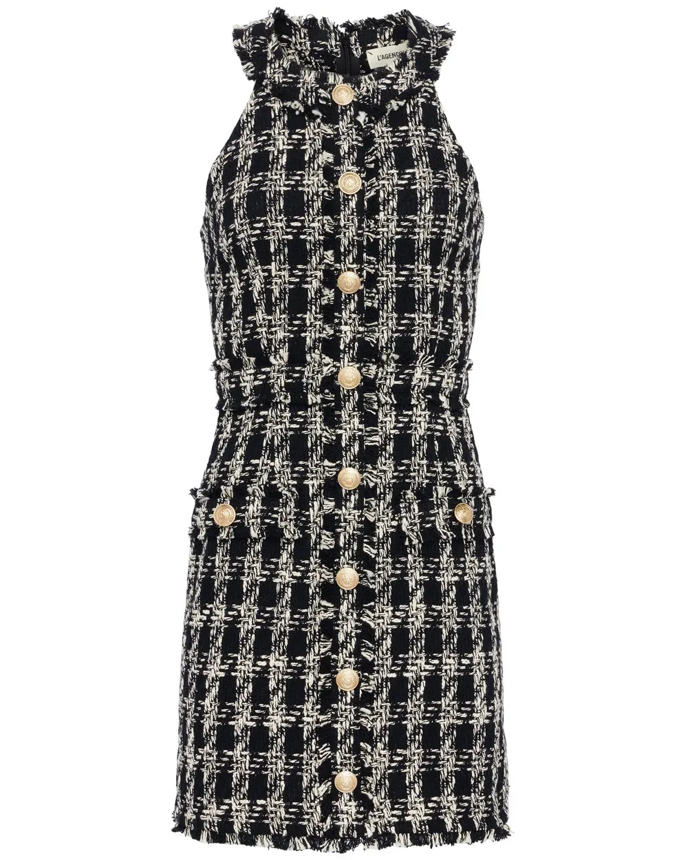 Black and Ivory Tweed Jade Button Front Dress