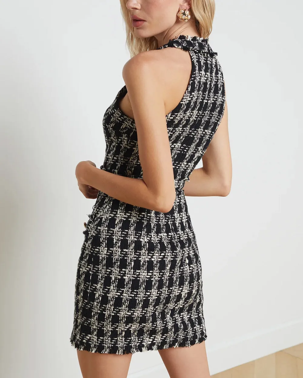 Black and Ivory Tweed Jade Button Front Dress