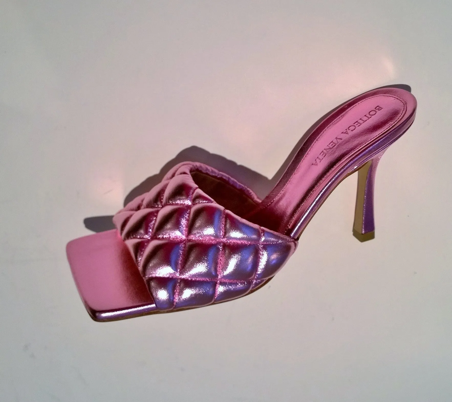 Bottega Veneta Quilted Padded Mules In Metallic Pink Leather Sandals Heels