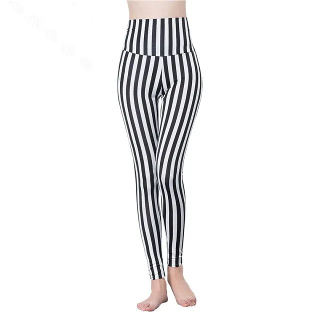 Casual Stripe Leggings Vertical Stripe Slim Sexy Black White Grid Leggings