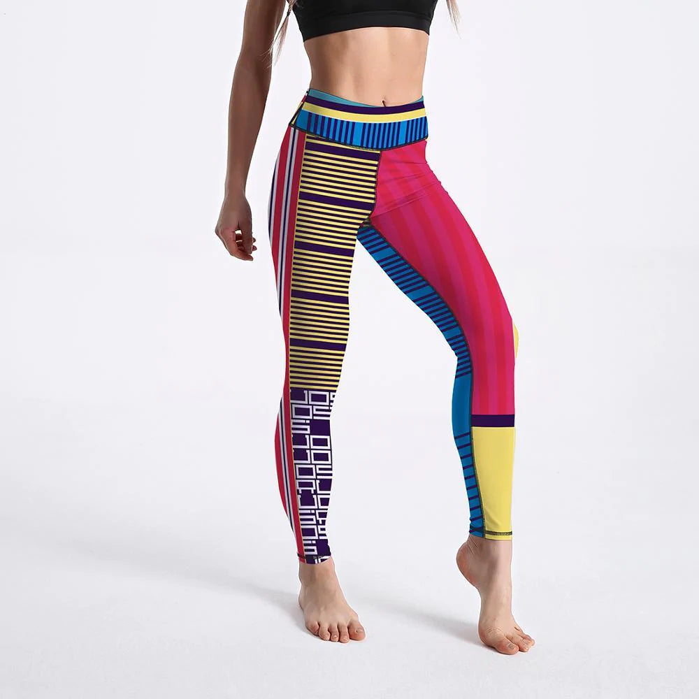 Colorful Splice Pattern Digital Printed Workout High Waist Fitness Leggings