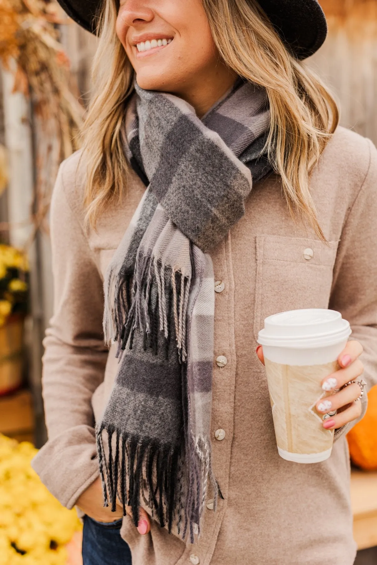 Cozy Cutie Plaid Blanket Scarf- Charcoal