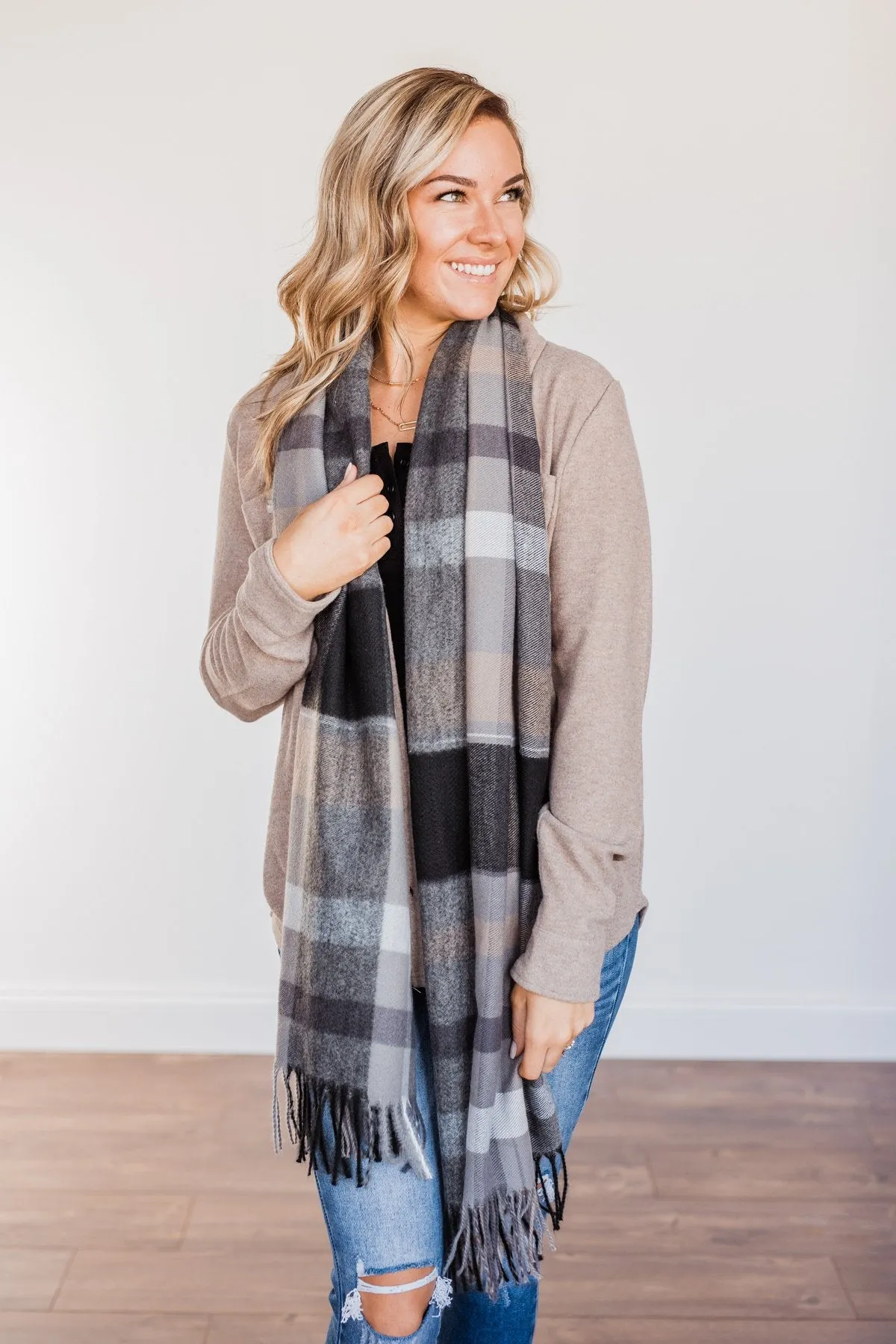 Cozy Cutie Plaid Blanket Scarf- Charcoal