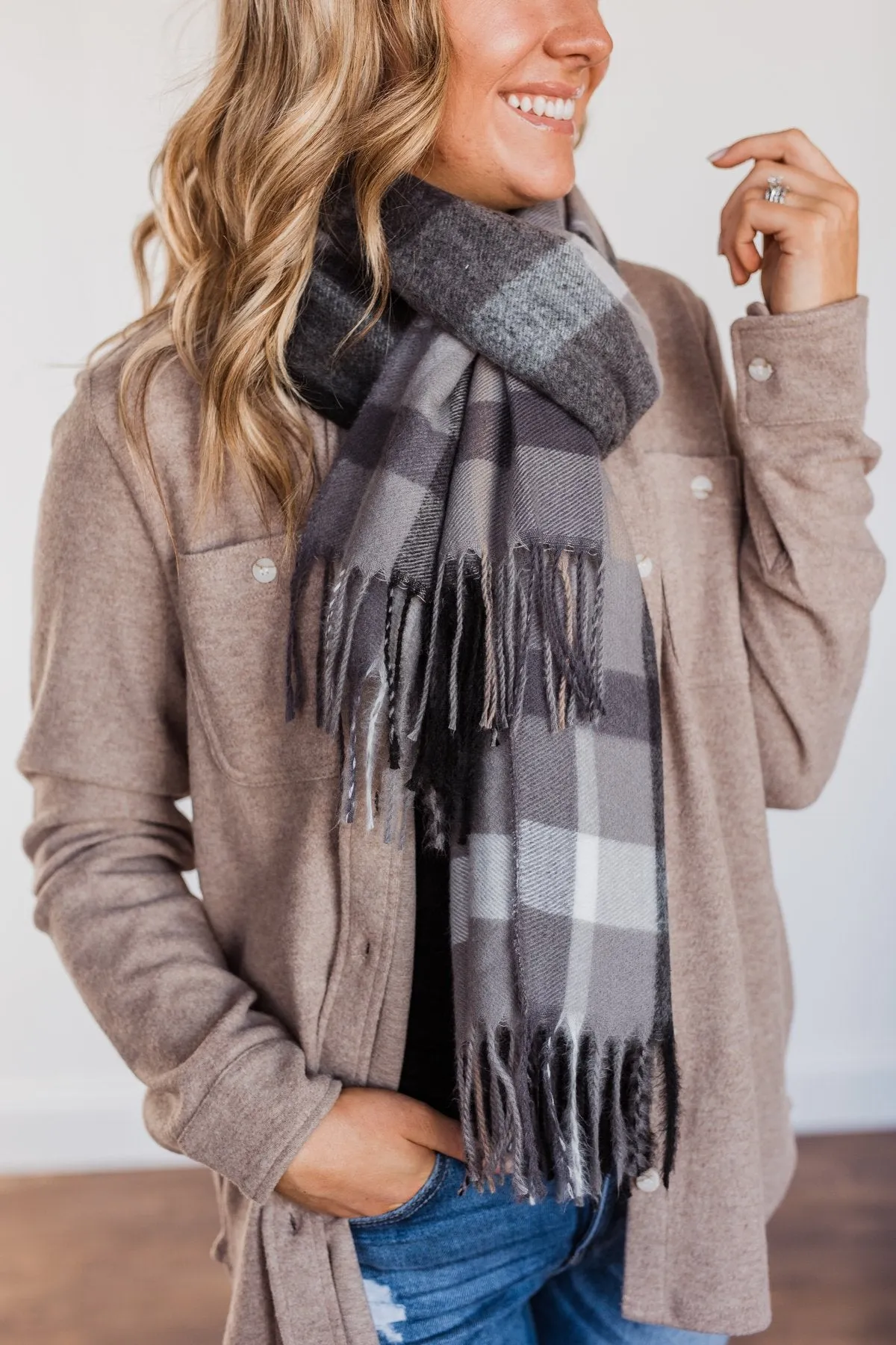 Cozy Cutie Plaid Blanket Scarf- Charcoal