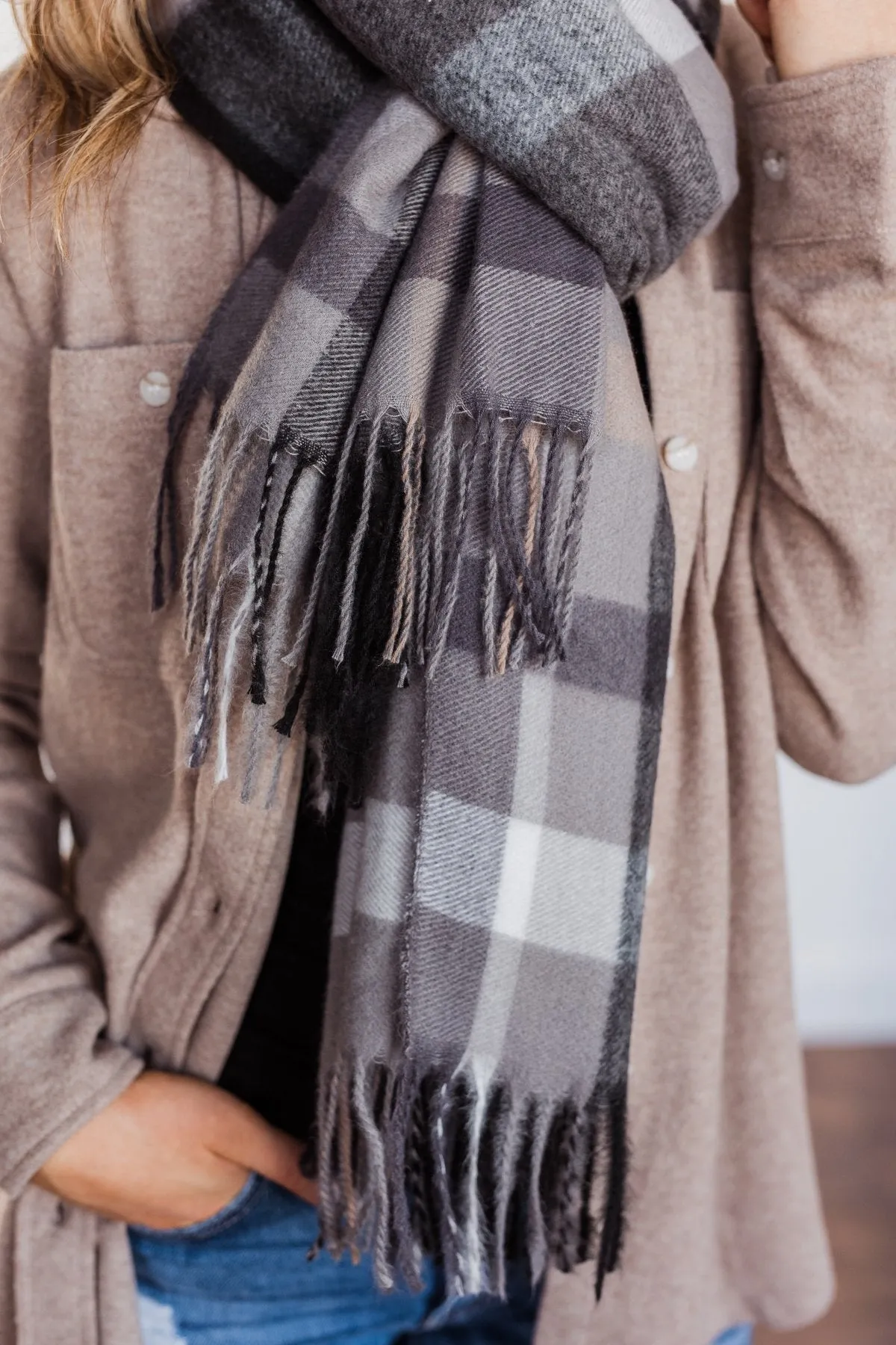 Cozy Cutie Plaid Blanket Scarf- Charcoal