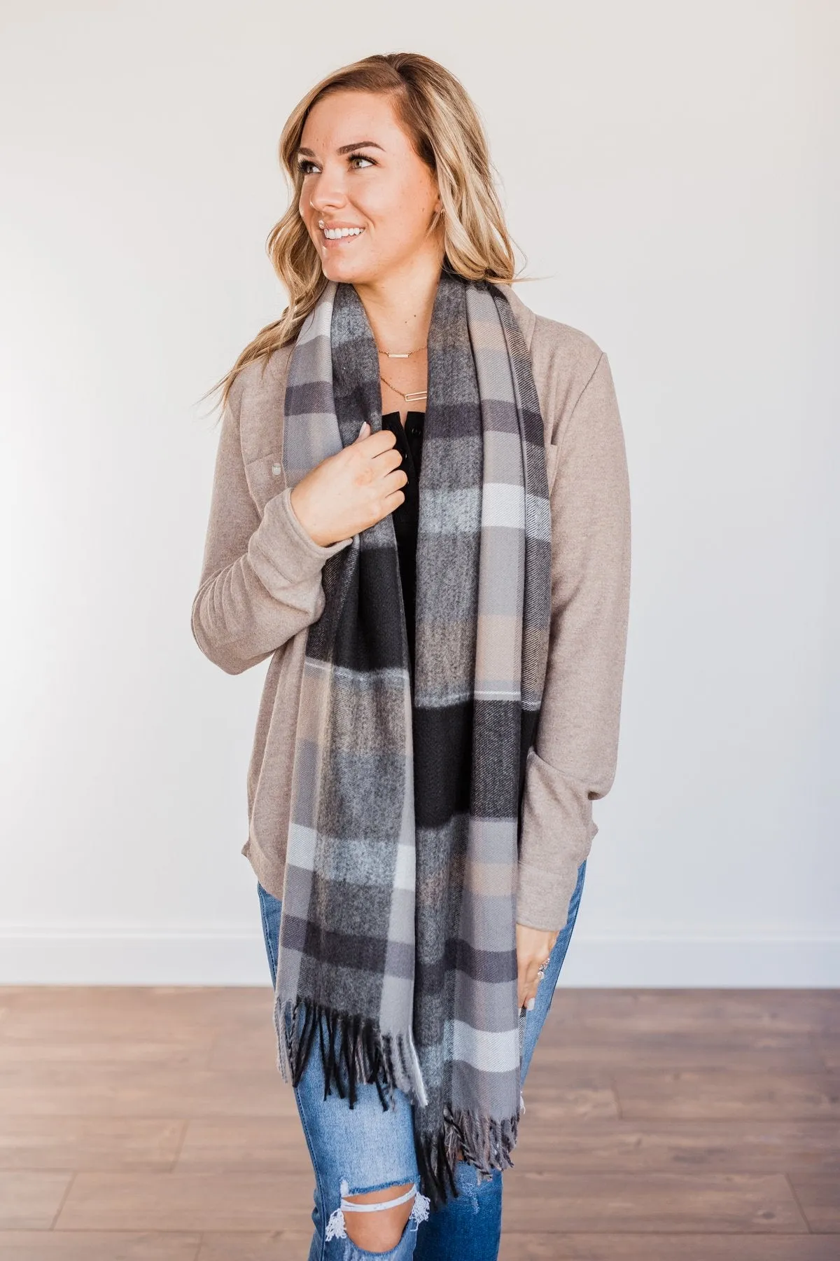 Cozy Cutie Plaid Blanket Scarf- Charcoal