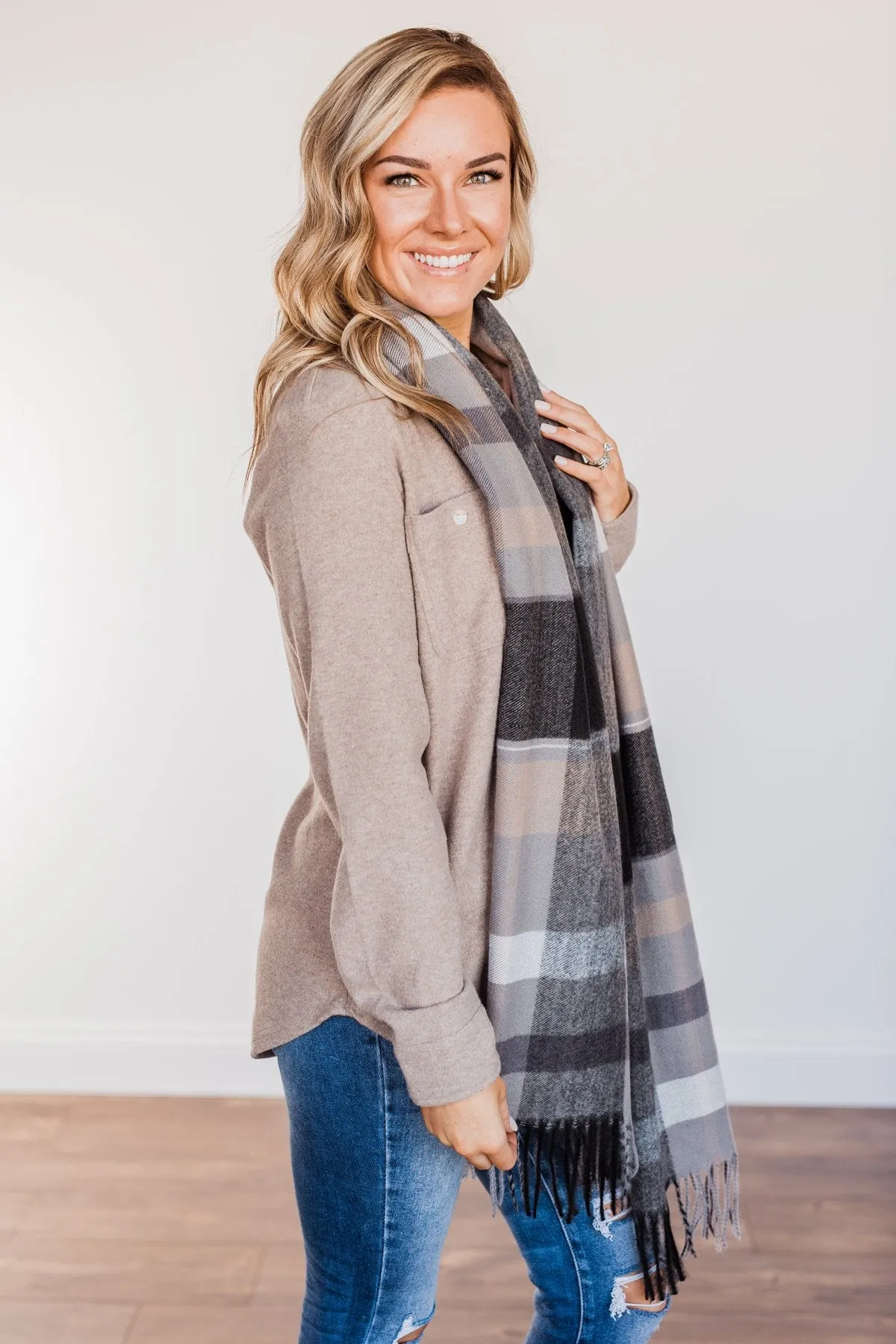 Cozy Cutie Plaid Blanket Scarf- Charcoal