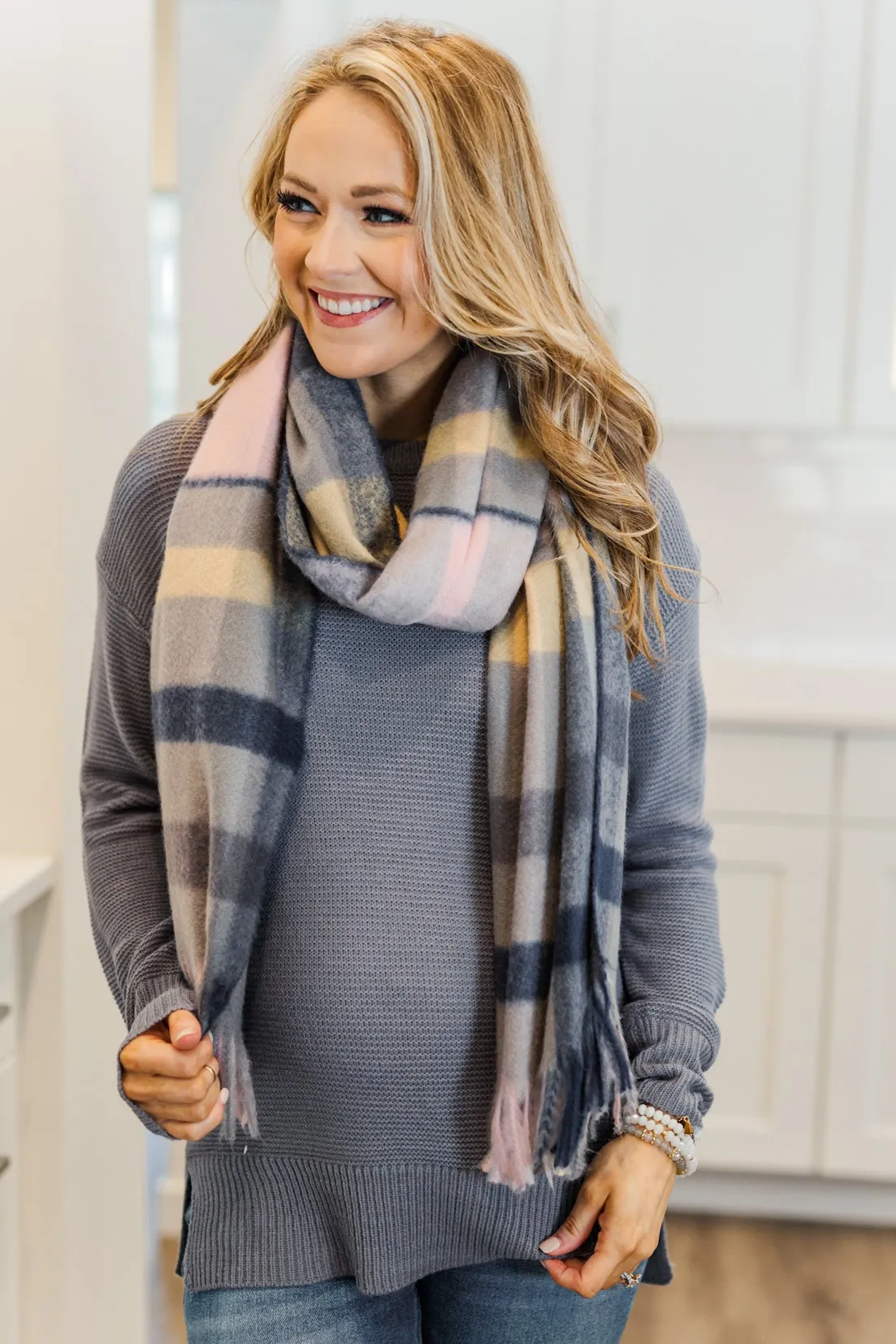 Cozy Cutie Plaid Blanket Scarf- Navy