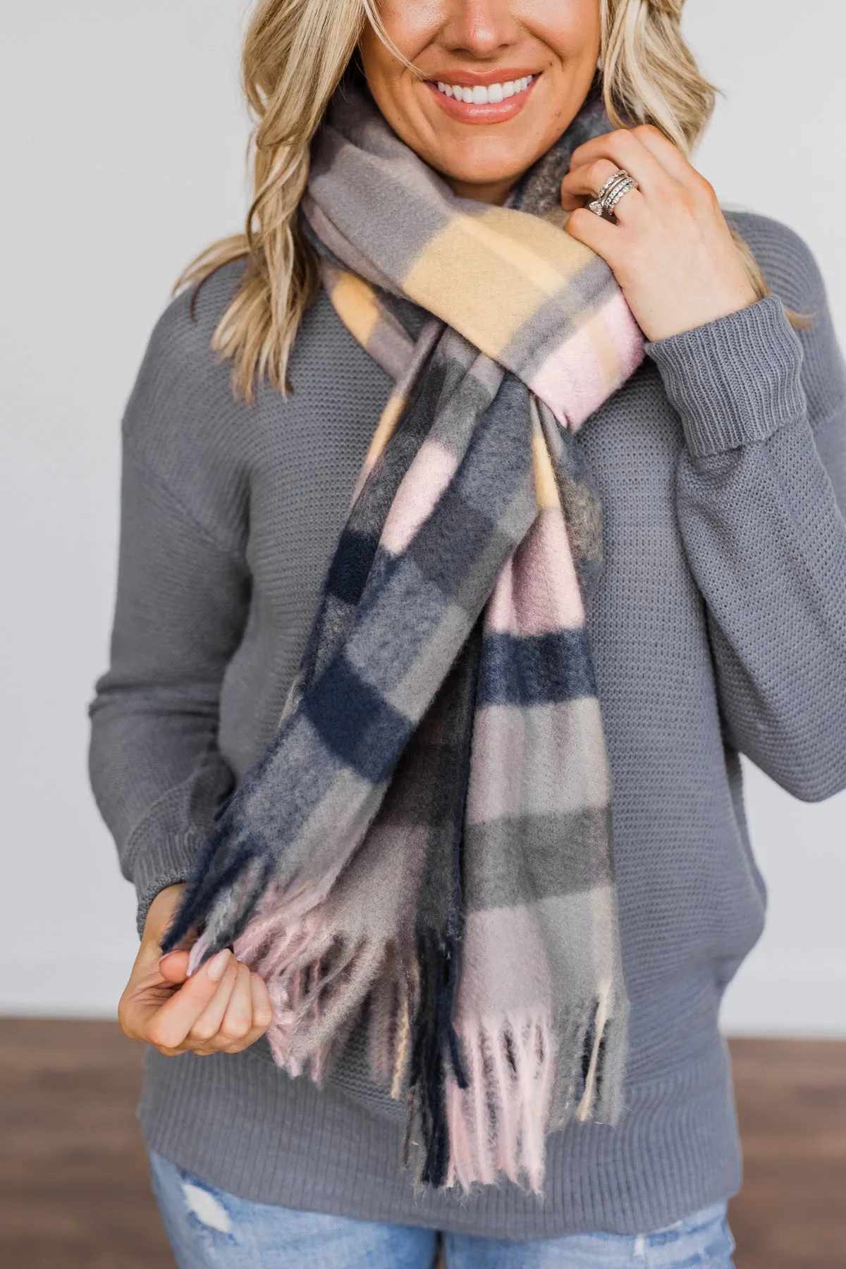 Cozy Cutie Plaid Blanket Scarf- Navy