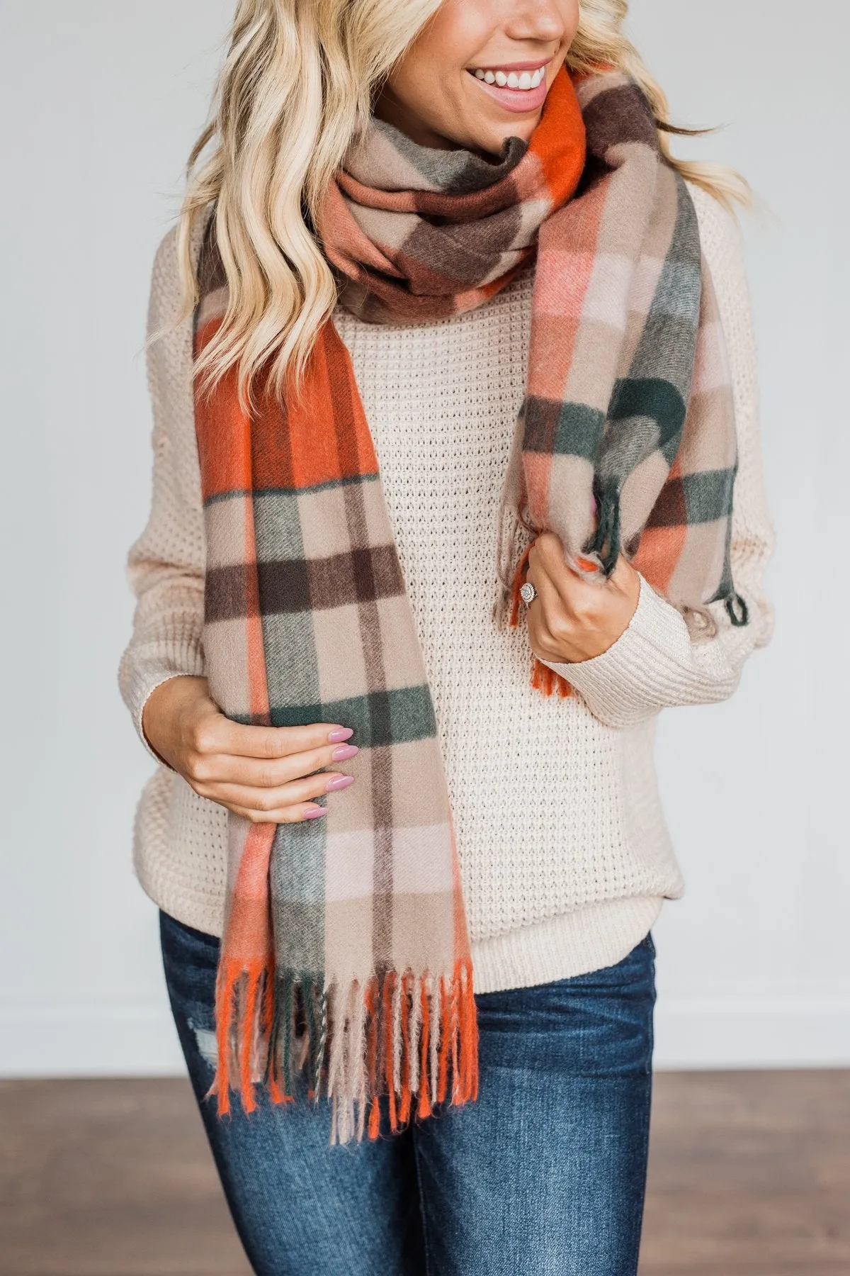 Cozy Cutie Plaid Blanket Scarf- Orange