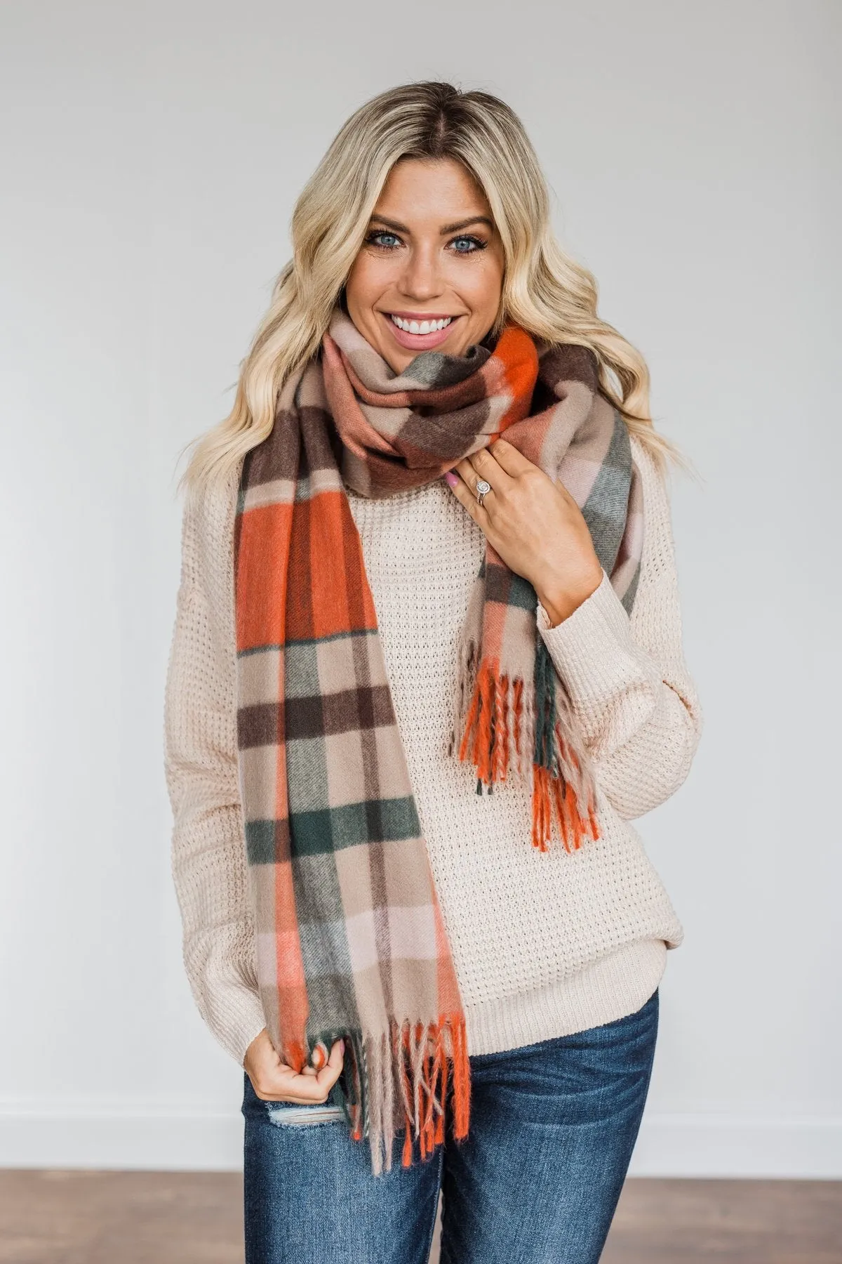 Cozy Cutie Plaid Blanket Scarf- Orange