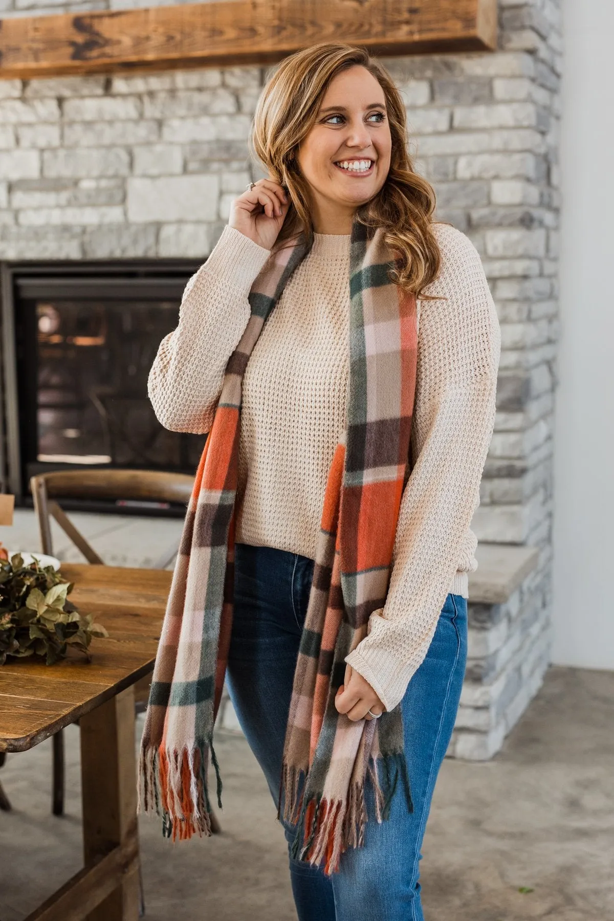 Cozy Cutie Plaid Blanket Scarf- Orange