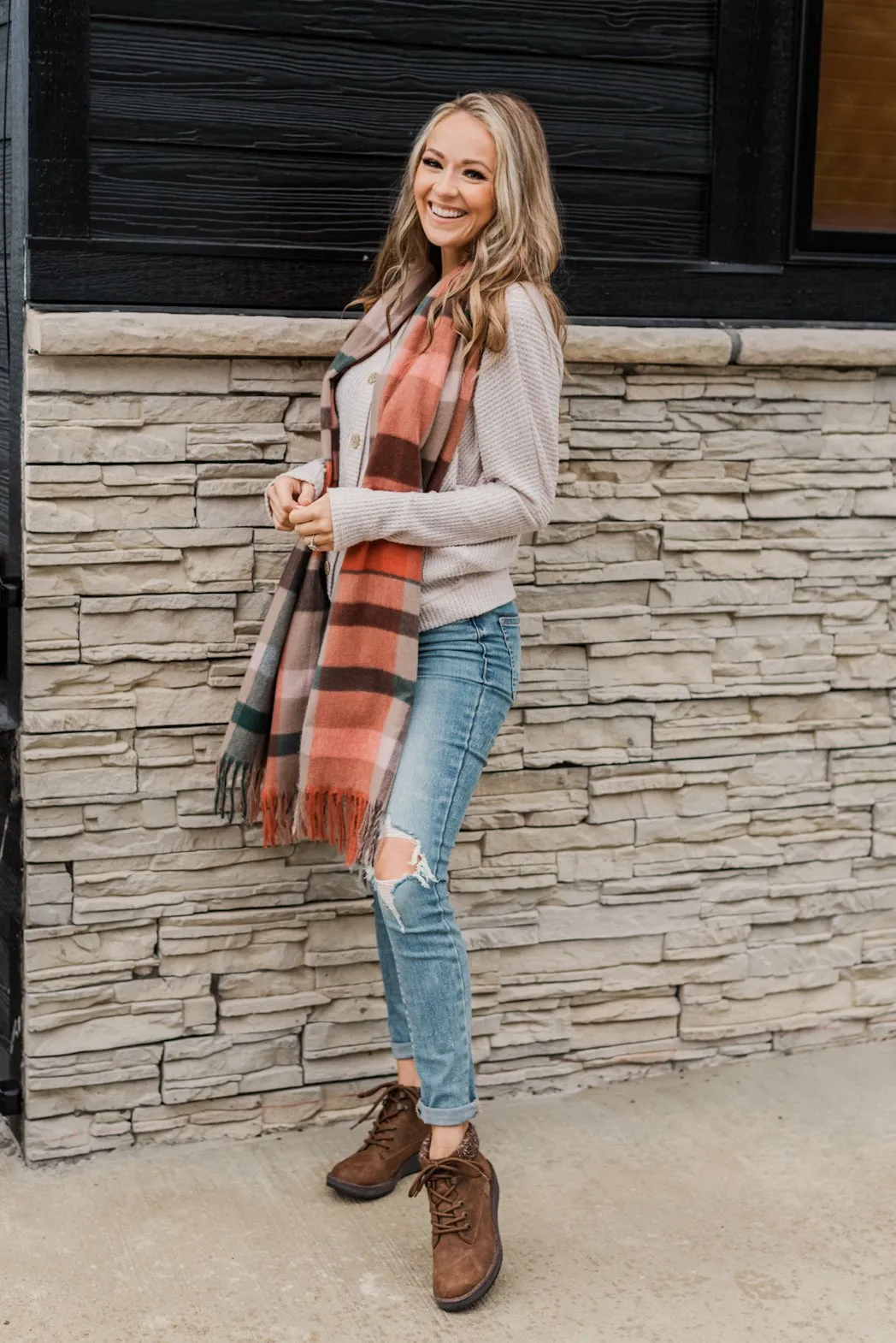 Cozy Cutie Plaid Blanket Scarf- Orange