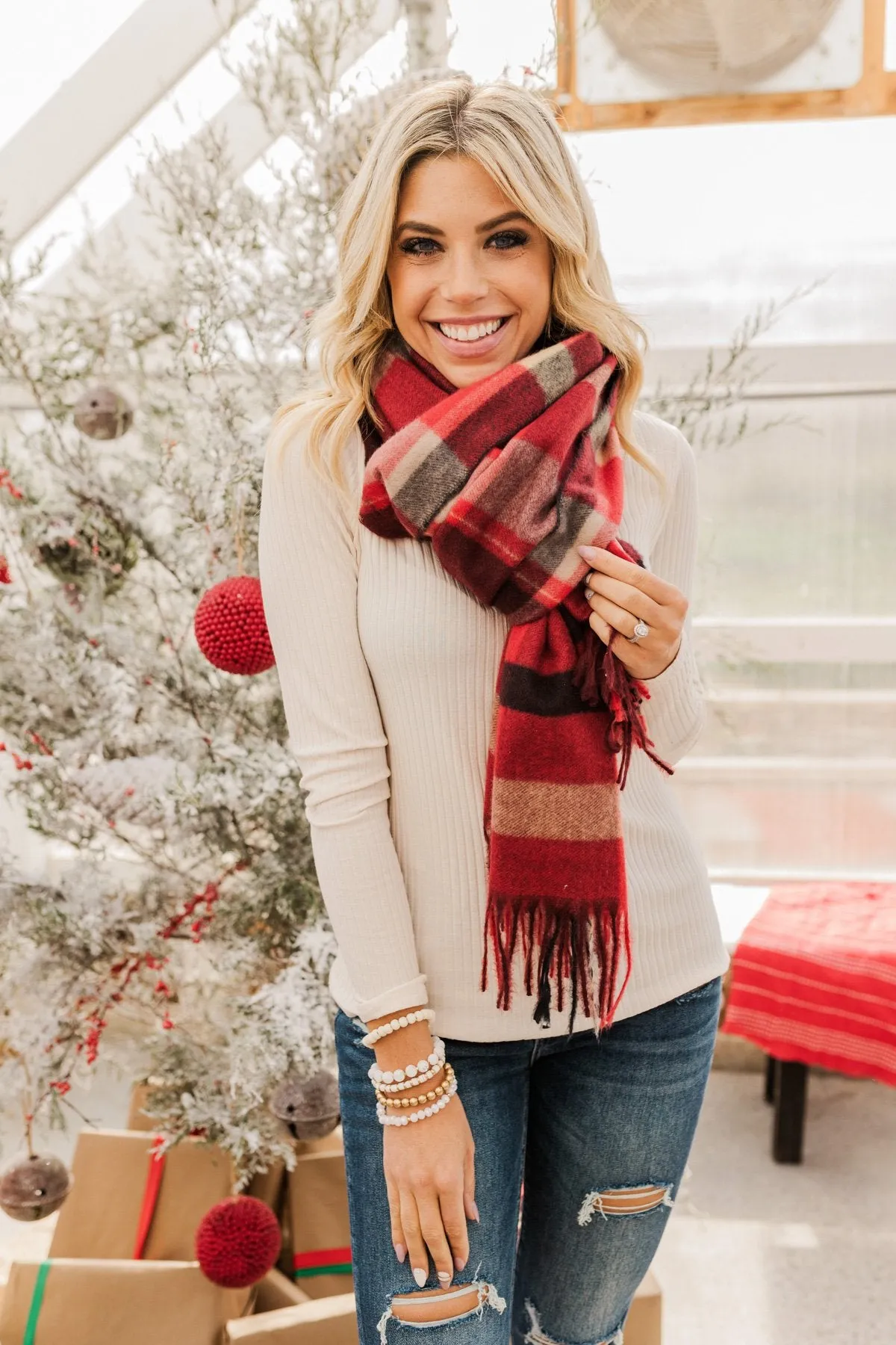 Cozy Cutie Plaid Blanket Scarf- Red