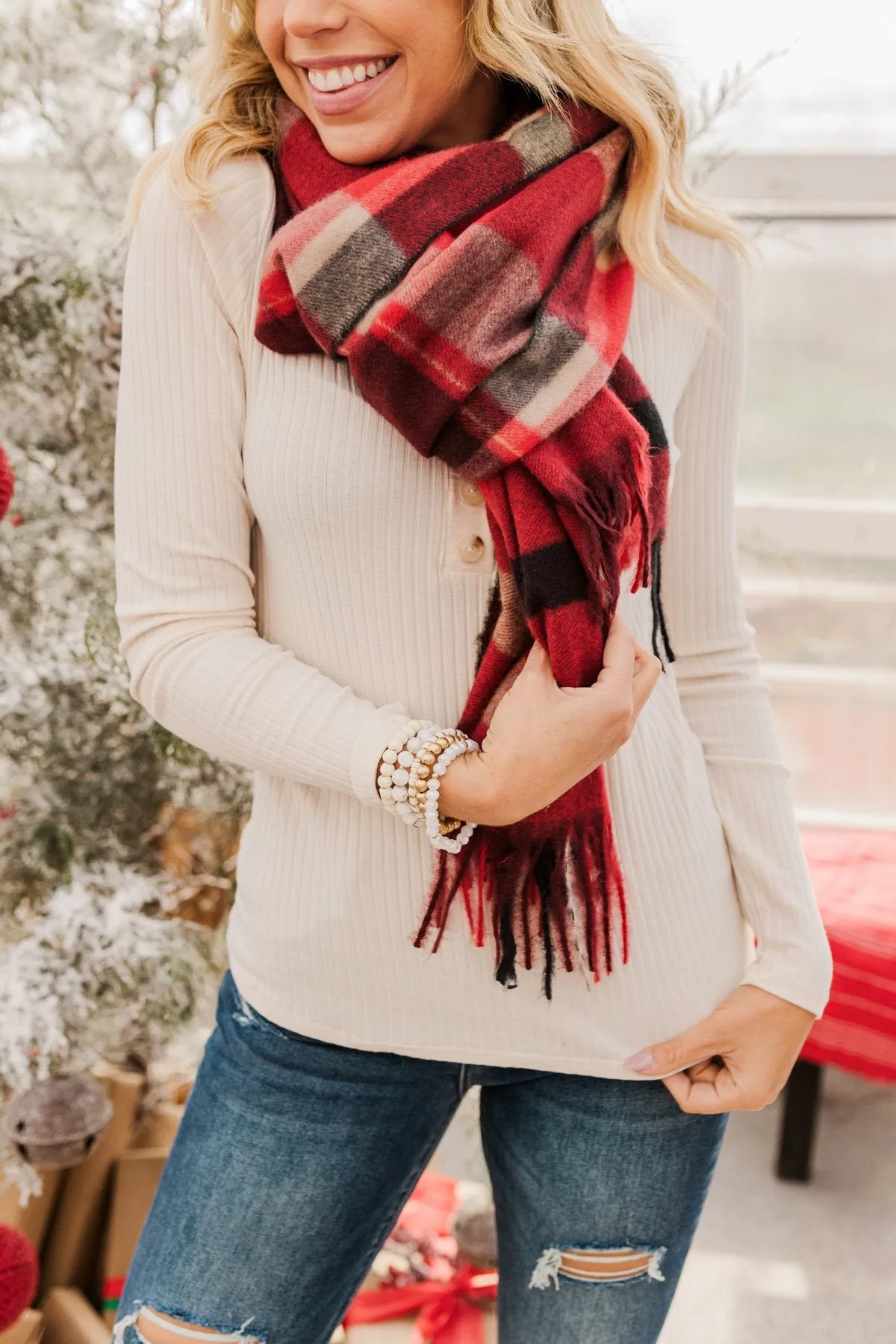 Cozy Cutie Plaid Blanket Scarf- Red