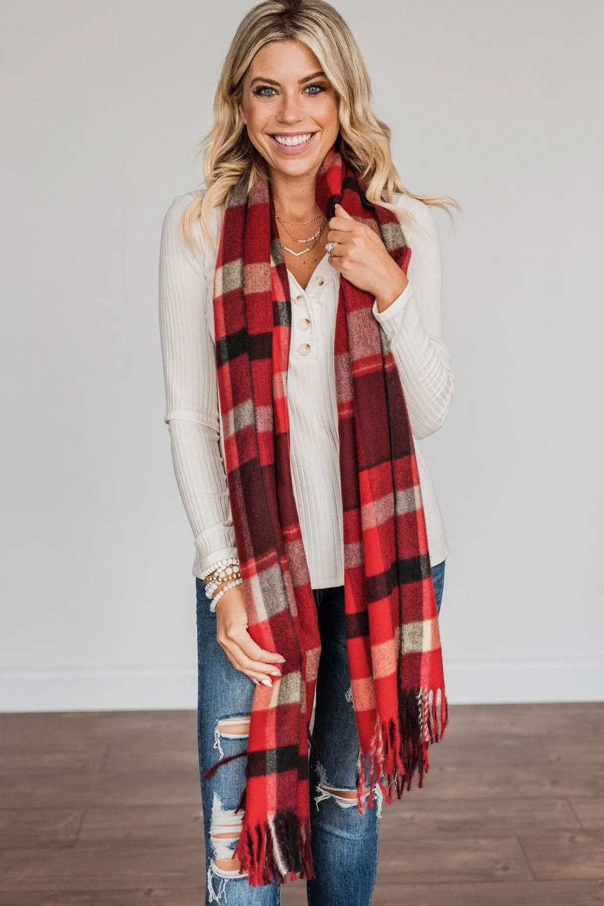 Cozy Cutie Plaid Blanket Scarf- Red