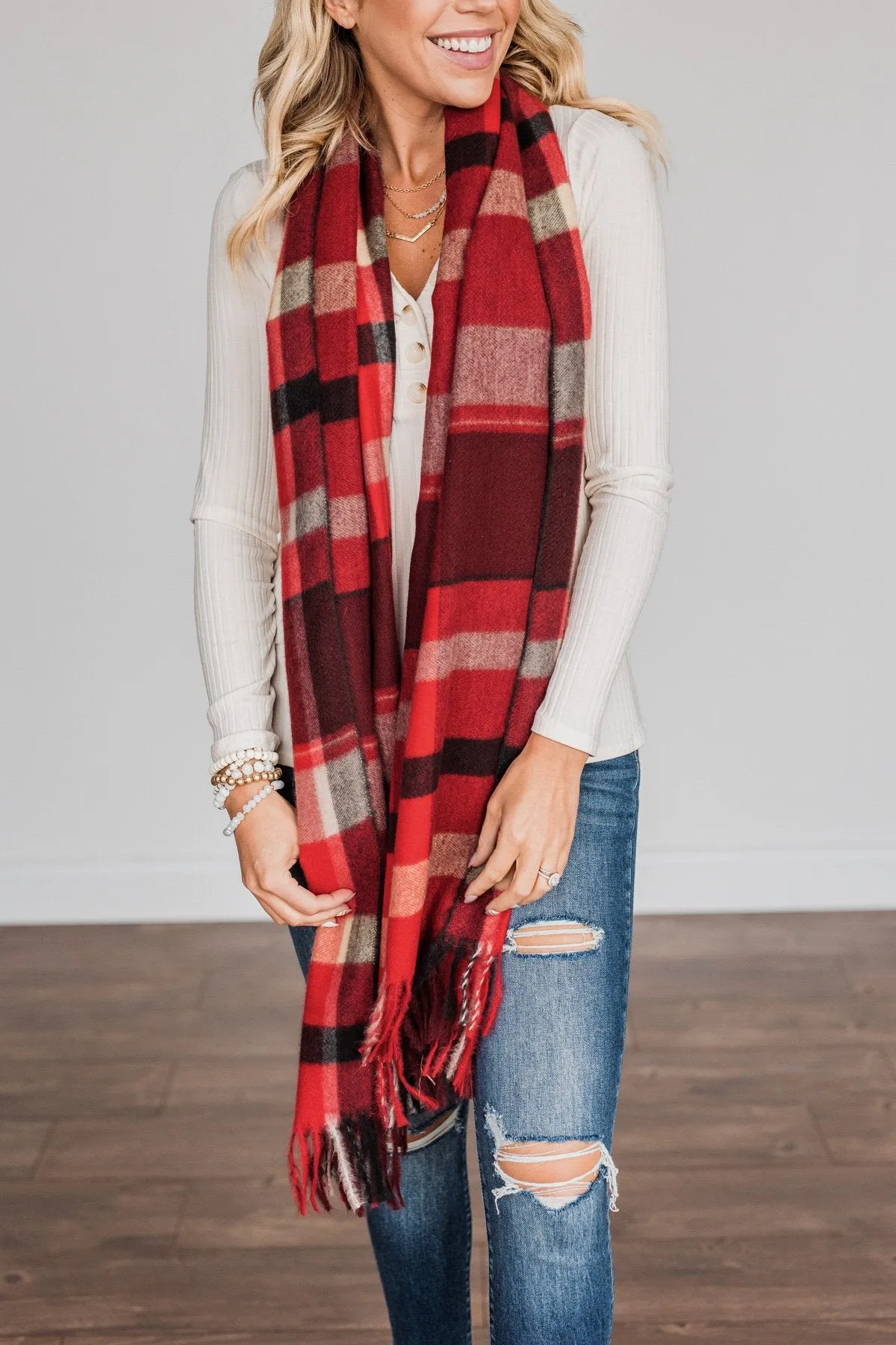 Cozy Cutie Plaid Blanket Scarf- Red