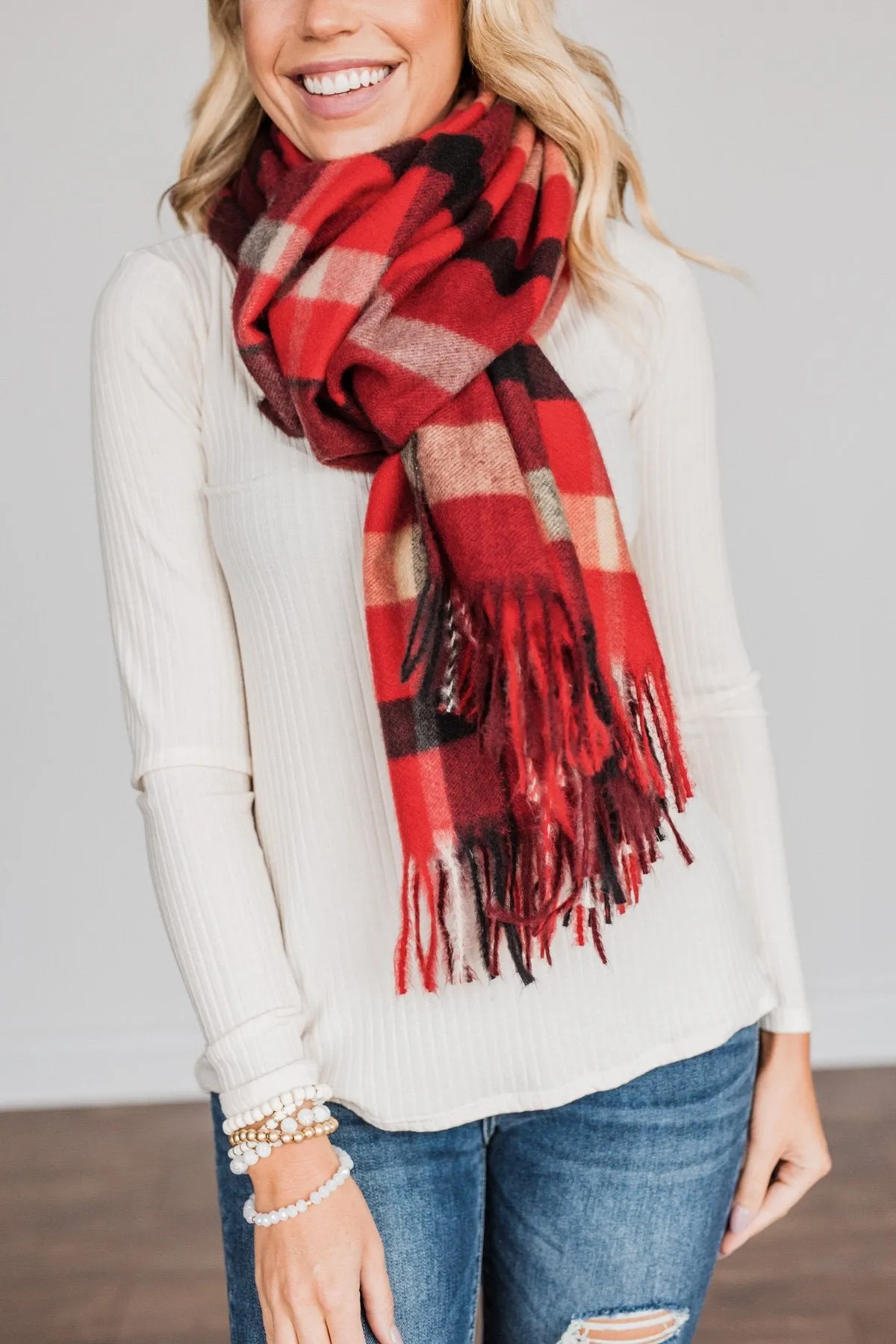 Cozy Cutie Plaid Blanket Scarf- Red