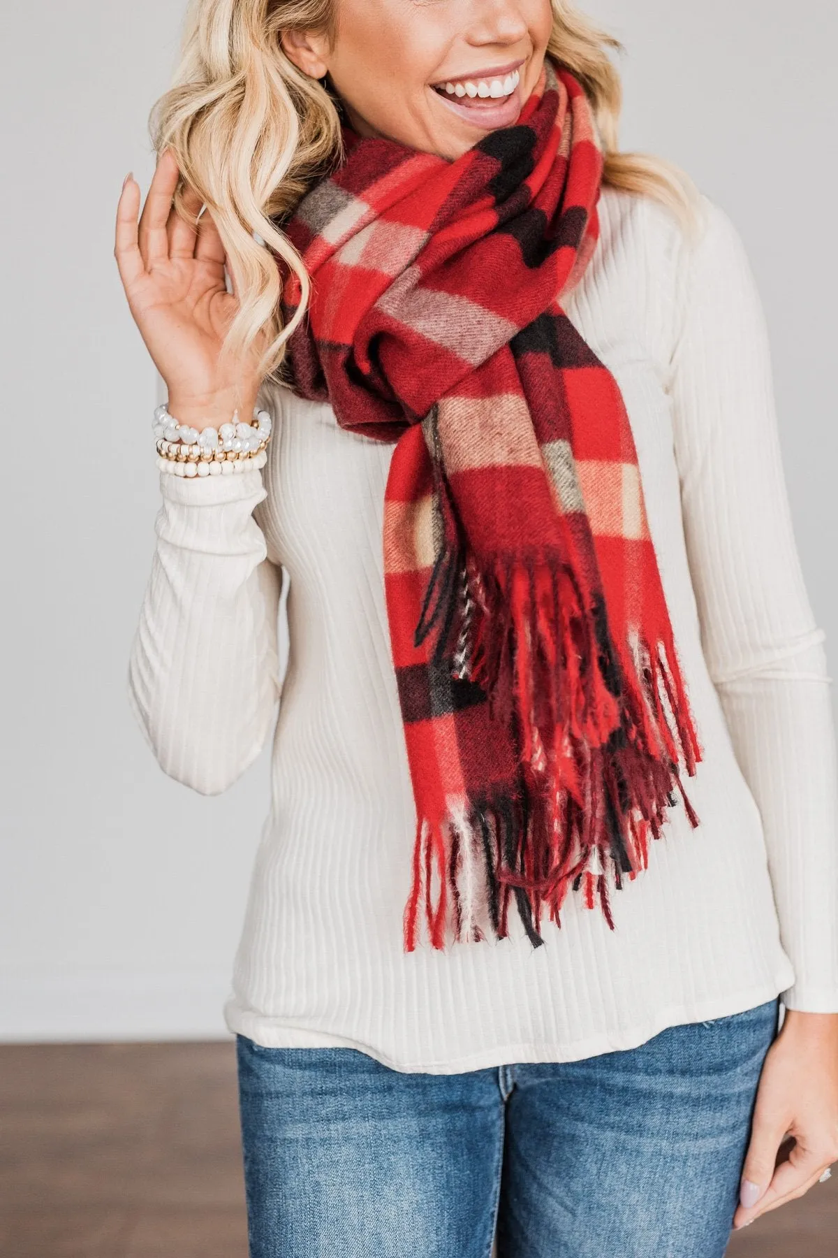 Cozy Cutie Plaid Blanket Scarf- Red