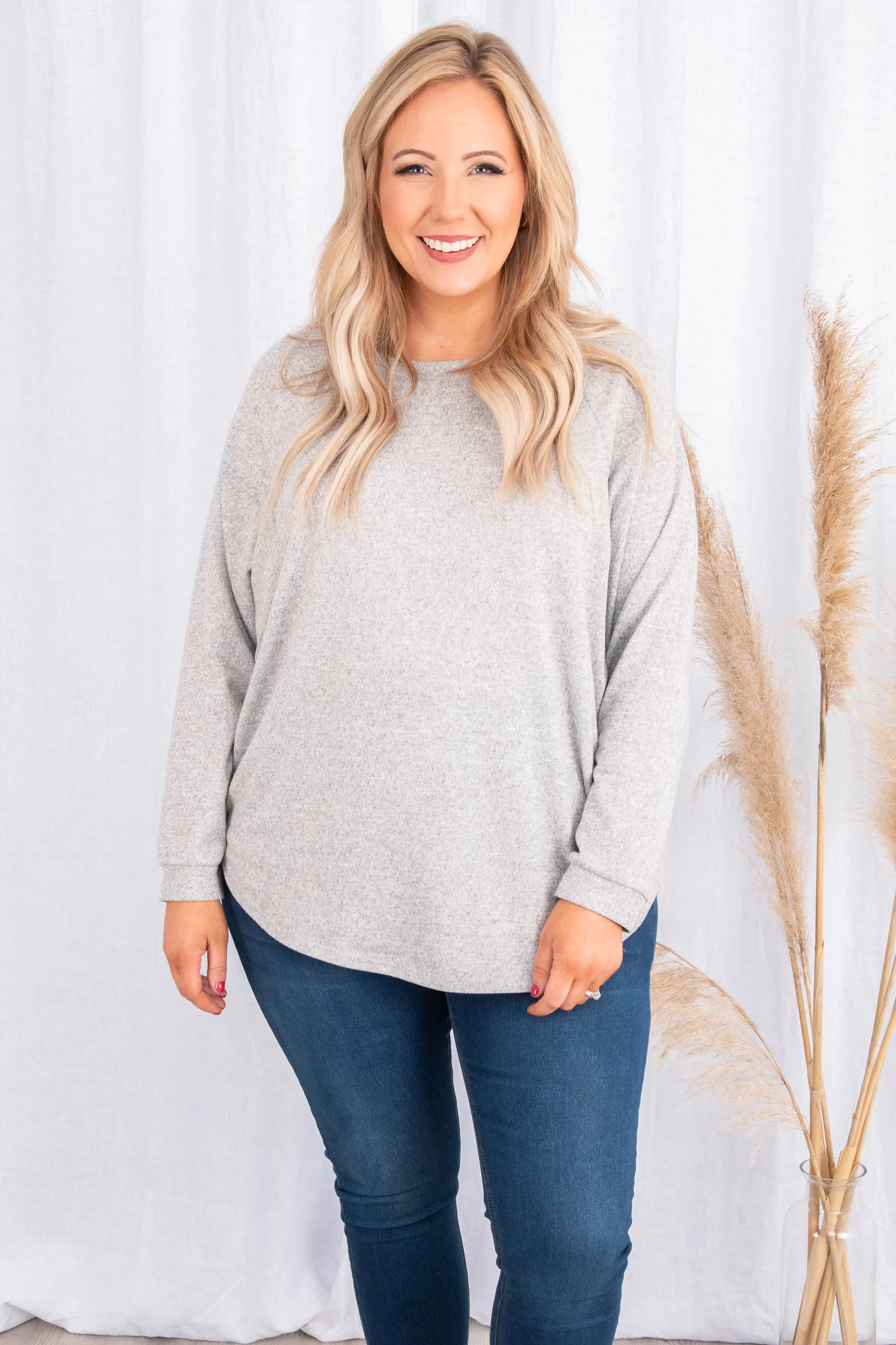 Curved Hem Slouchy Dolman Knitted Tunic, Heather Gray