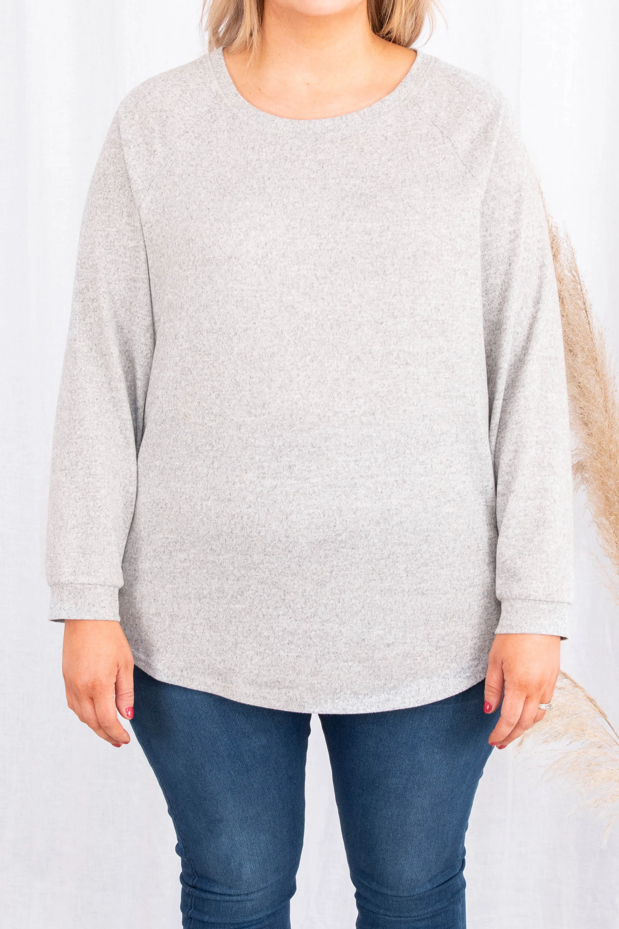 Curved Hem Slouchy Dolman Knitted Tunic, Heather Gray