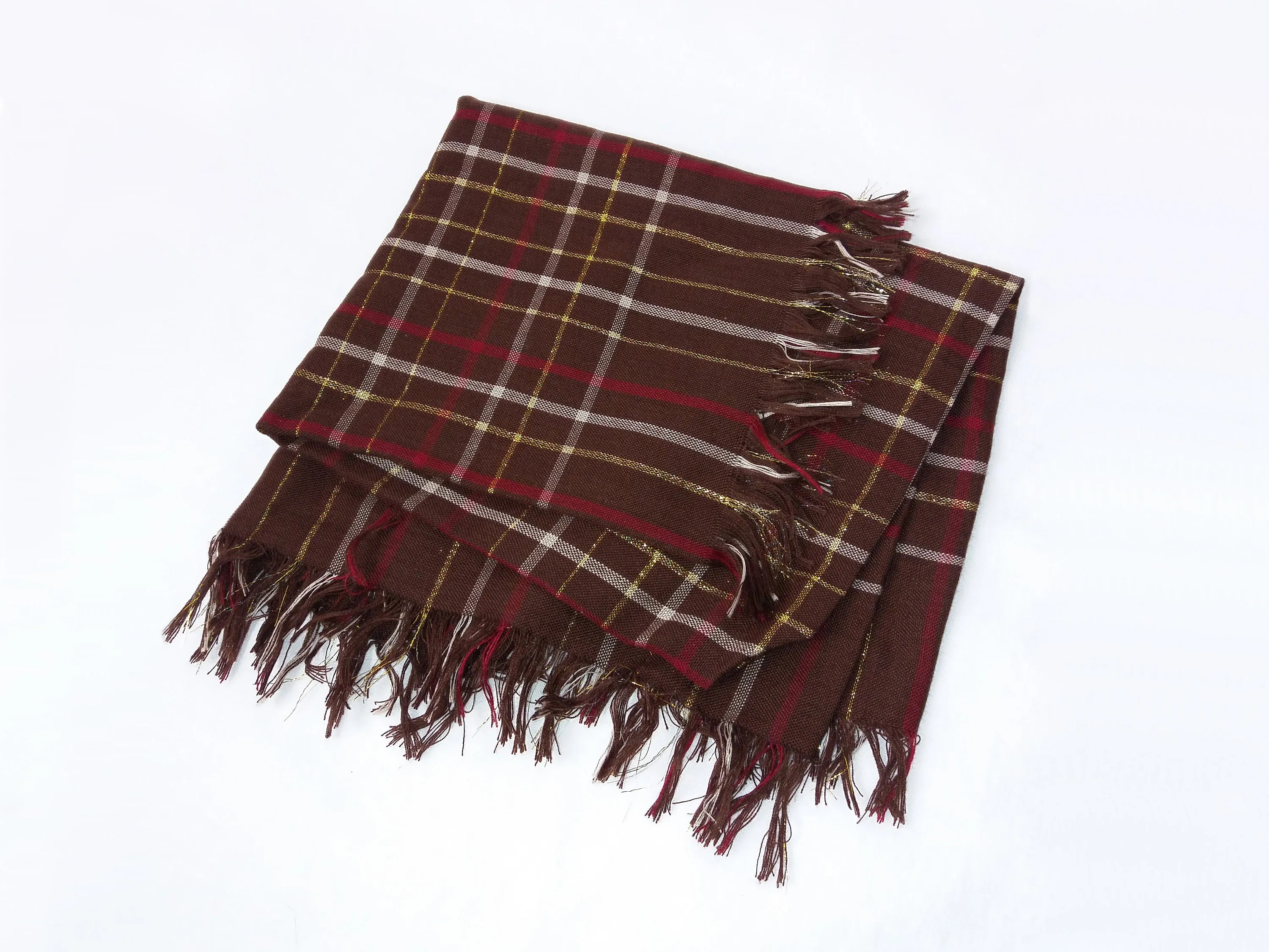 Fringe Scarf Plaid Pattern Brown Gold