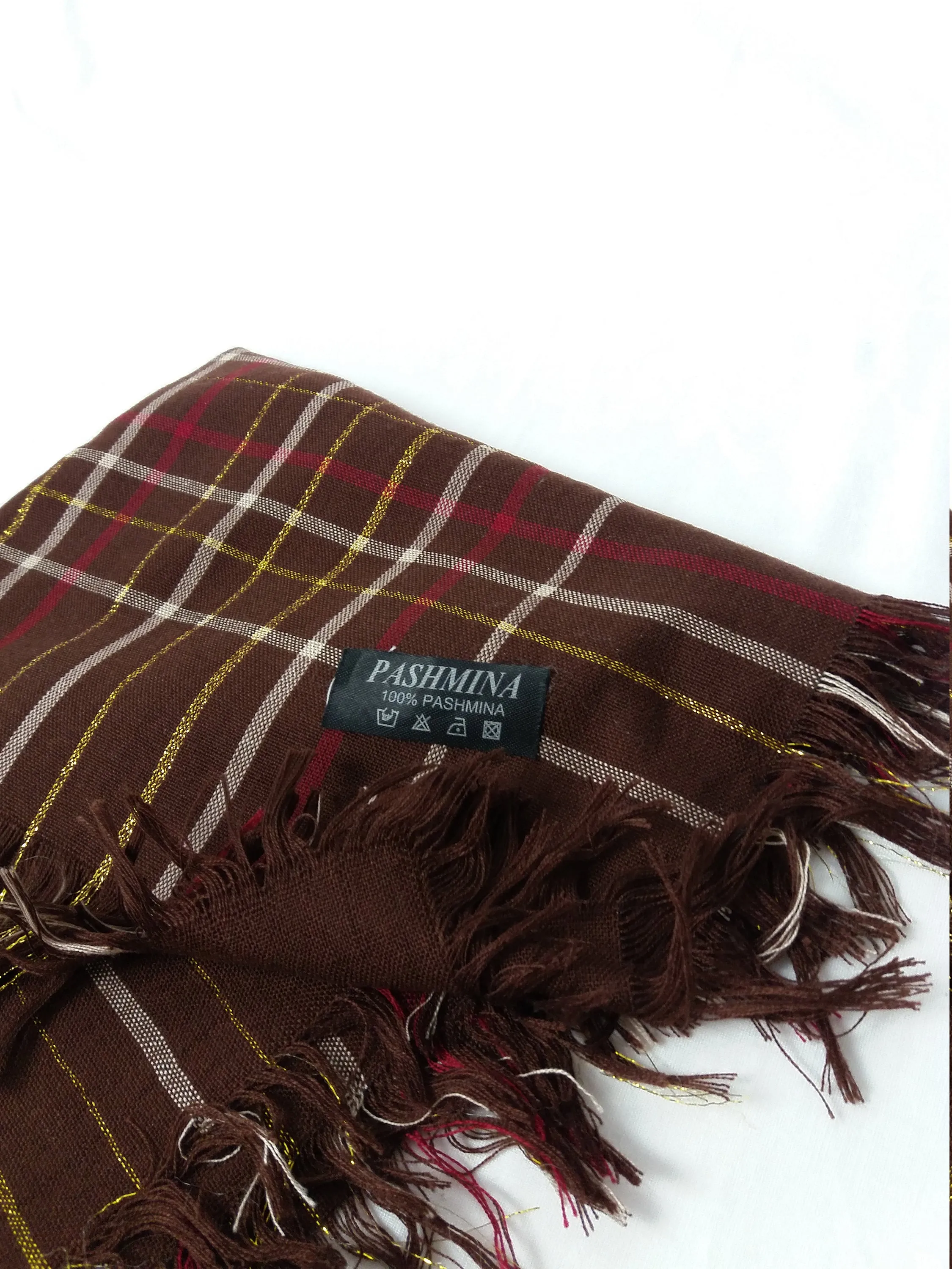 Fringe Scarf Plaid Pattern Brown Gold