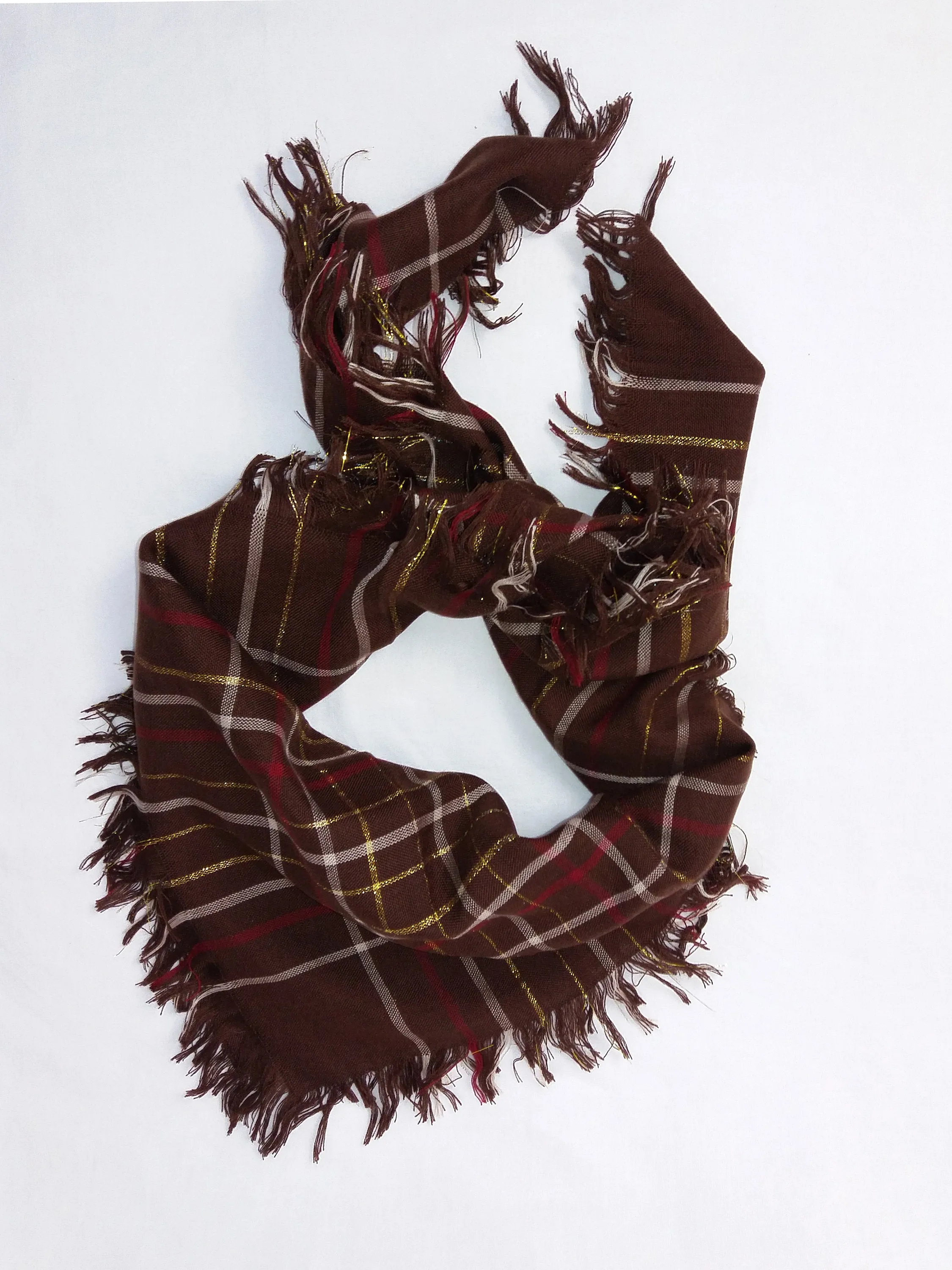 Fringe Scarf Plaid Pattern Brown Gold