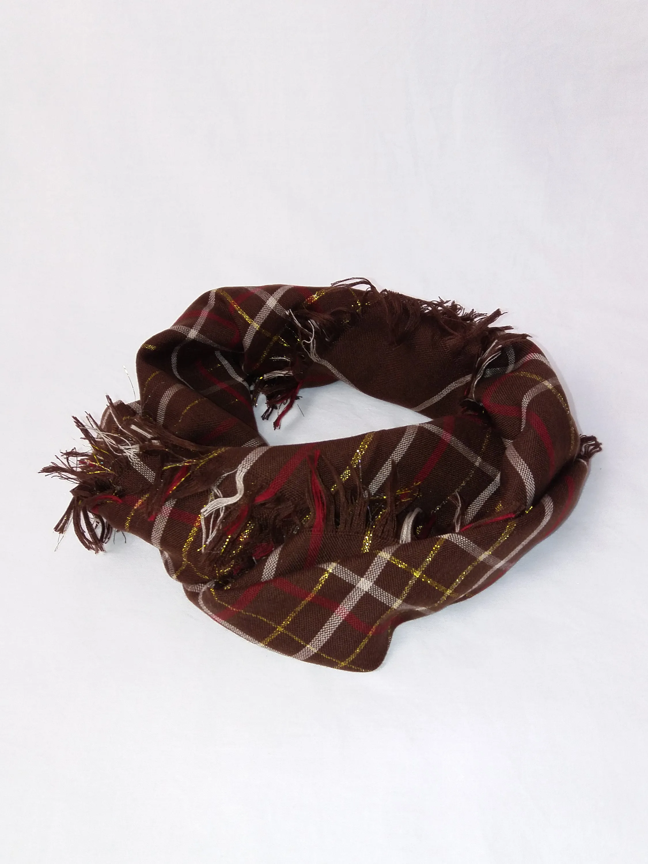 Fringe Scarf Plaid Pattern Brown Gold