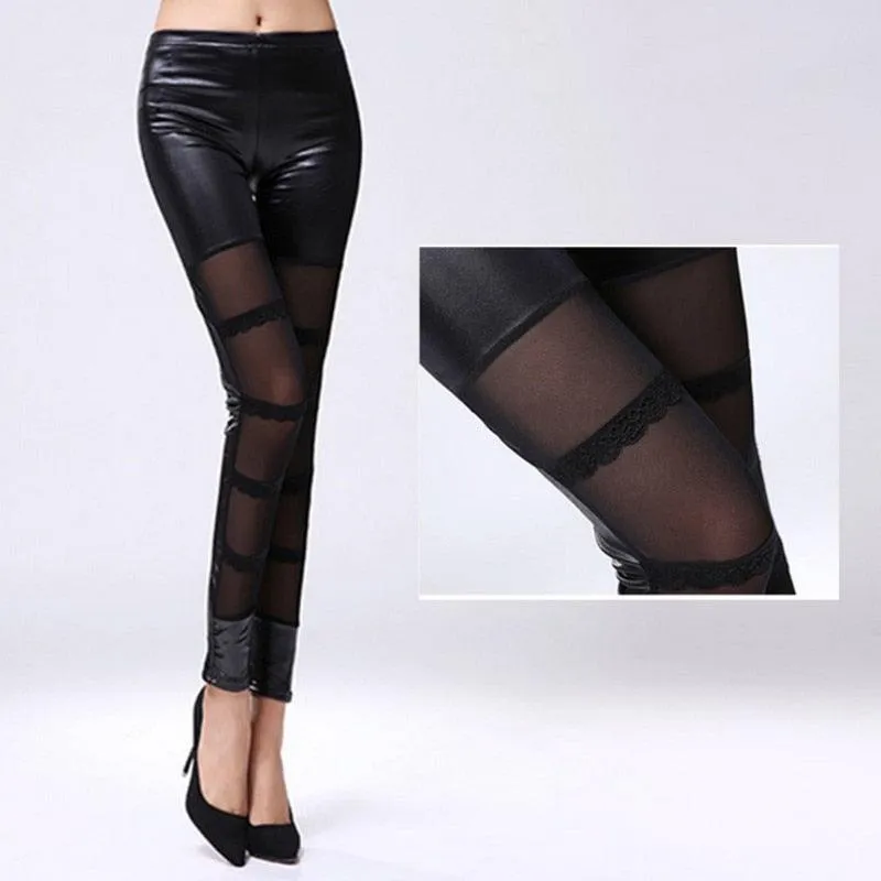 Gothic Fashion Leggings with Sexy PU Leather Stitching, Embroidery and Hollow Lace Design