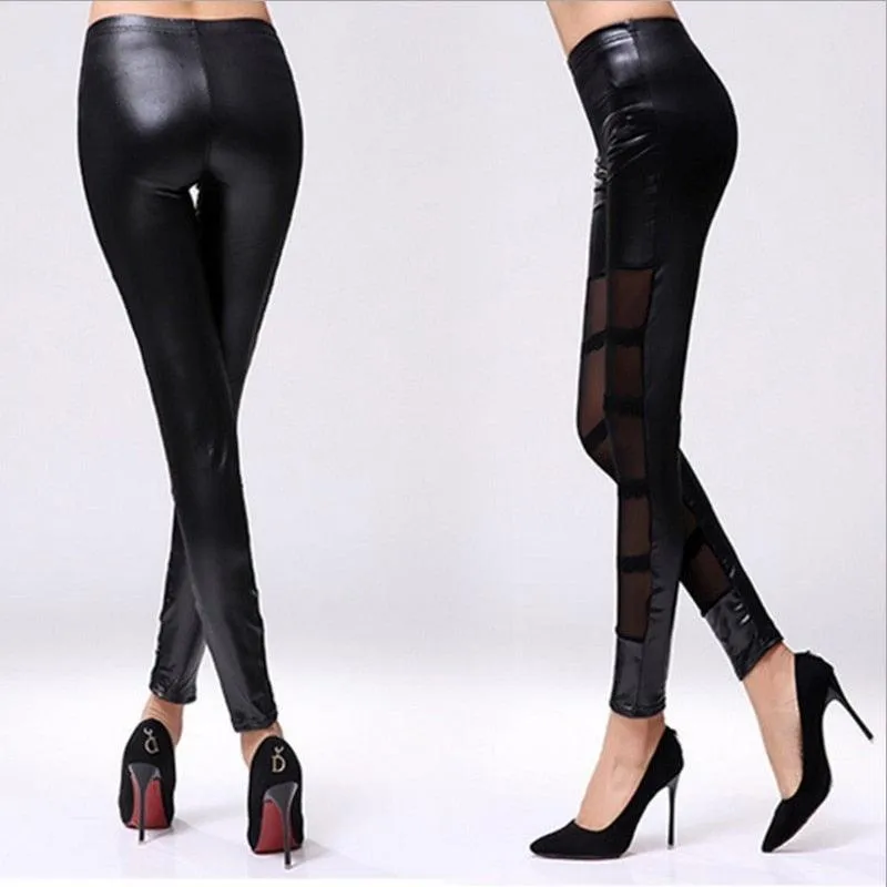 Gothic Fashion Leggings with Sexy PU Leather Stitching, Embroidery and Hollow Lace Design