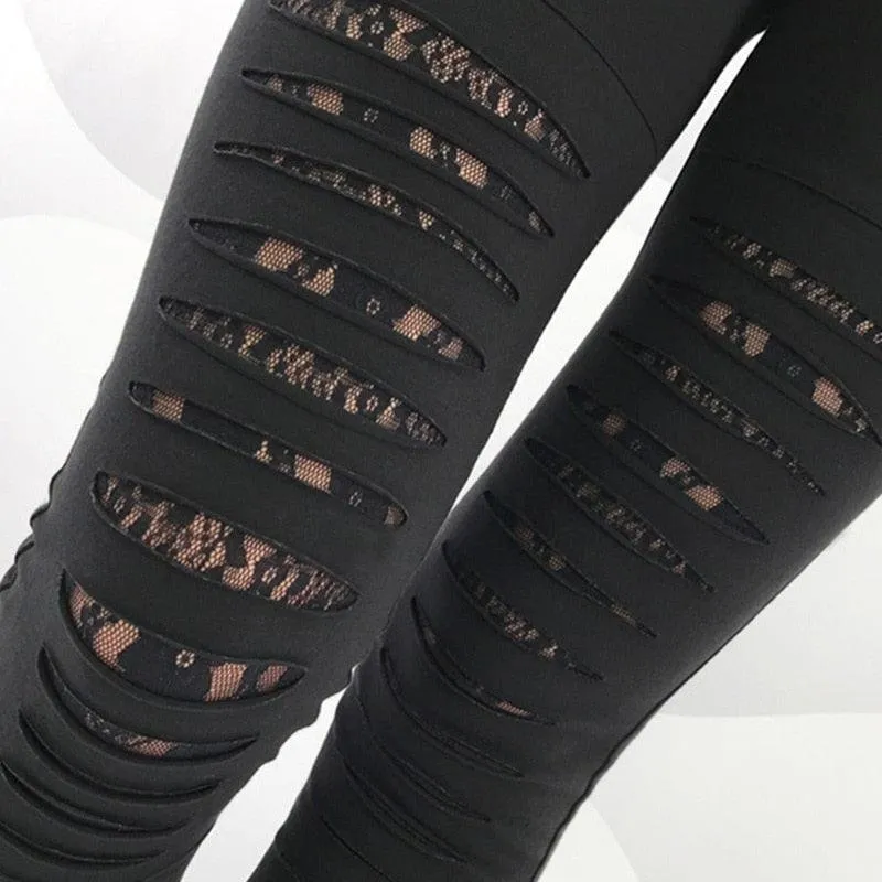 Gothic Lace Shredded Leggings - Sexy and Slim Mid-Waist Workout Wear