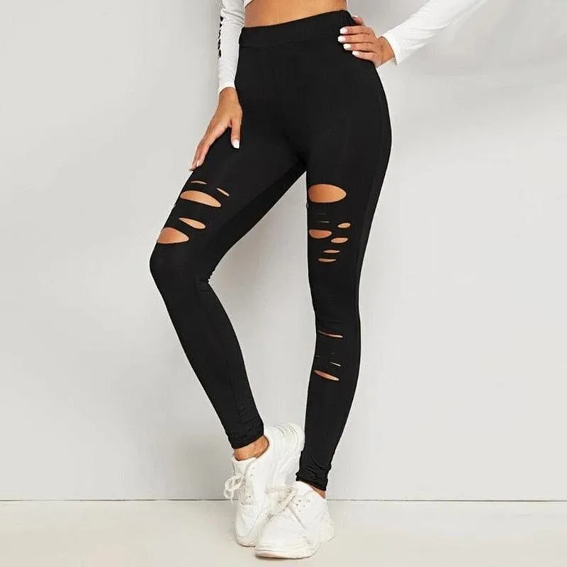 Gothic Lace Shredded Leggings - Sexy and Slim Mid-Waist Workout Wear