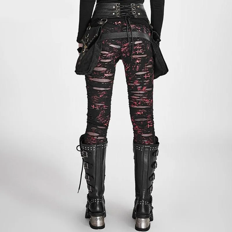 Gothic Ripped Mesh Leggings with Crocheted Detailing and High Elastic Waist