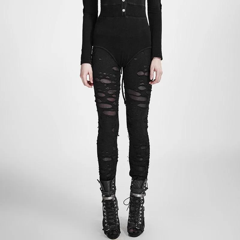 Gothic Ripped Mesh Leggings with Crocheted Detailing and High Elastic Waist