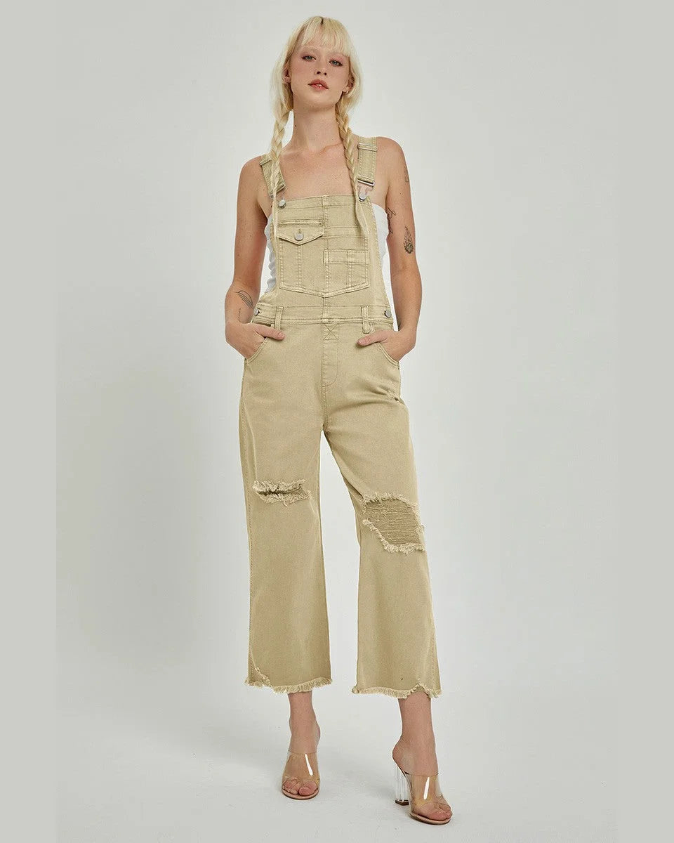 High Rise Distressed Straight Overalls