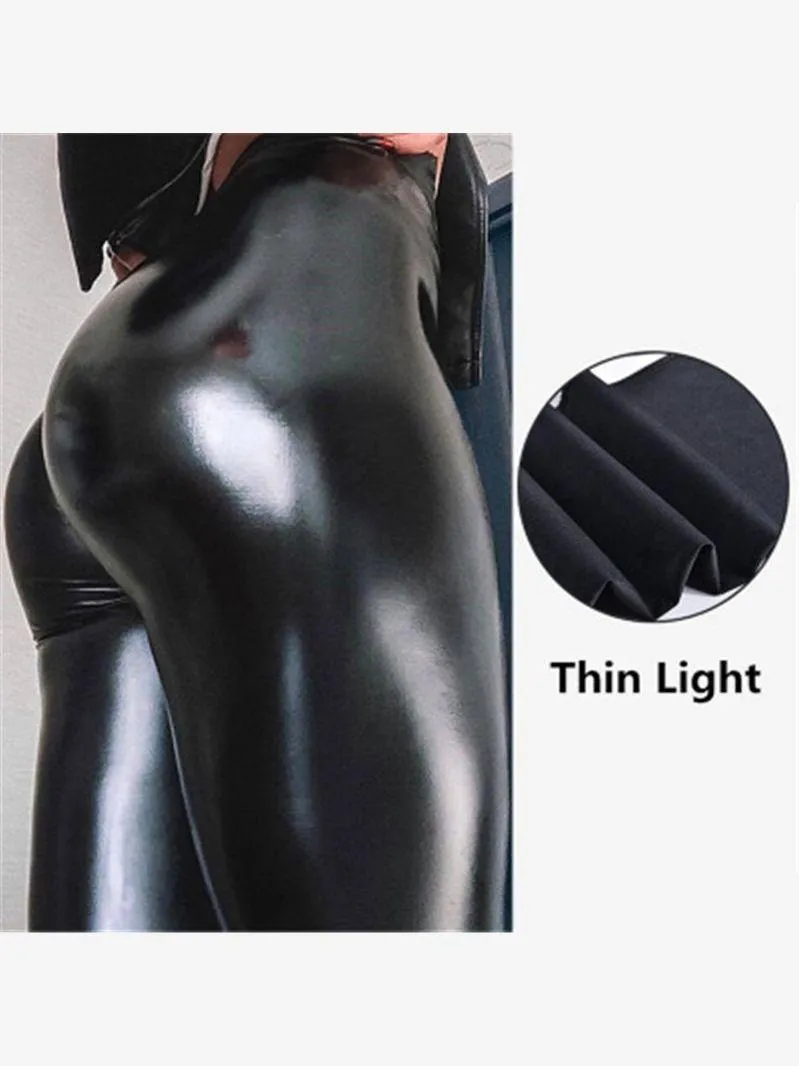 High-Waist Black PU Leather Leggings for Women with Skinny Push-Up Fit