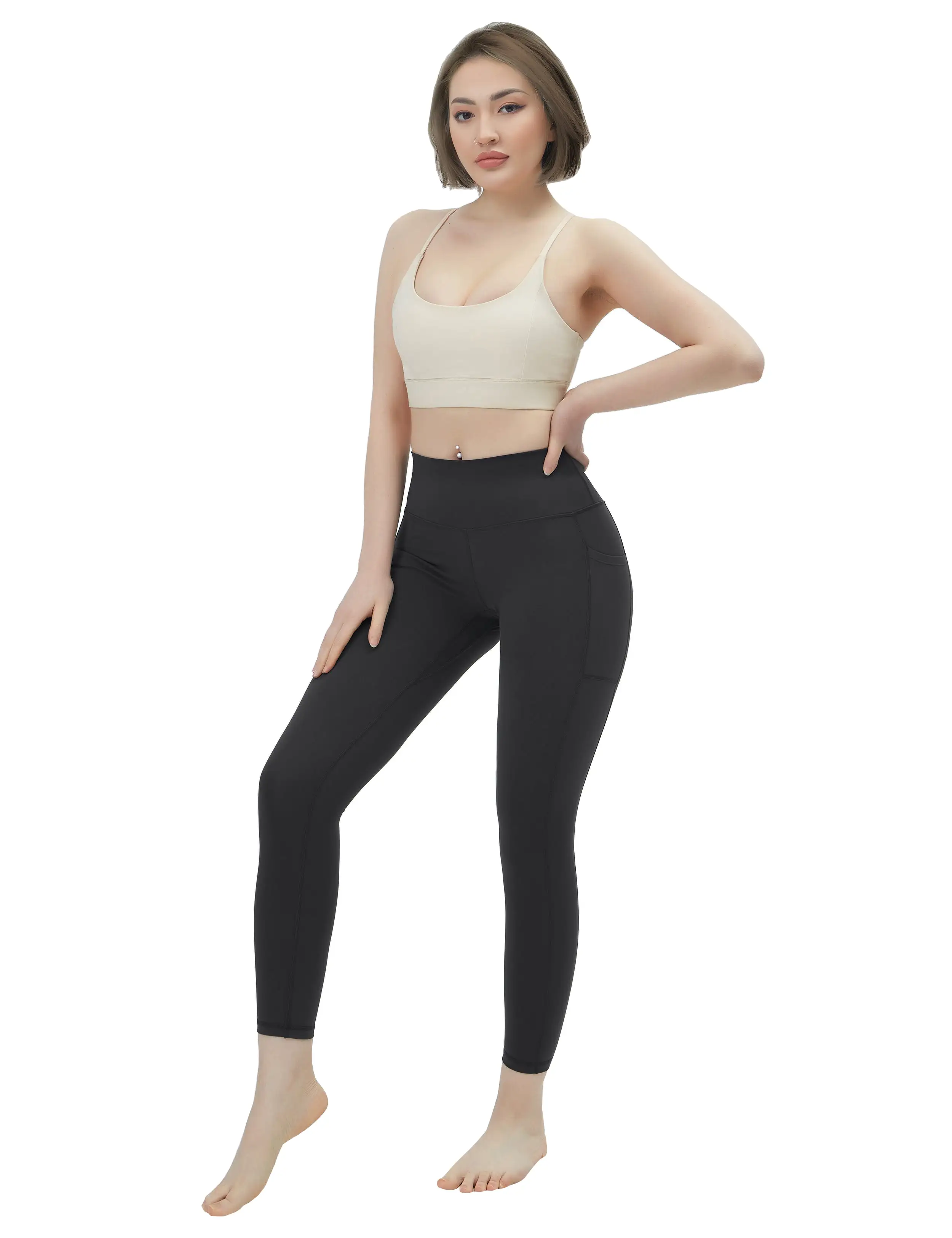 High Waisted yogastudio Pants 7/8 Length Leggings with Pockets charcoalgrey_yogastudio