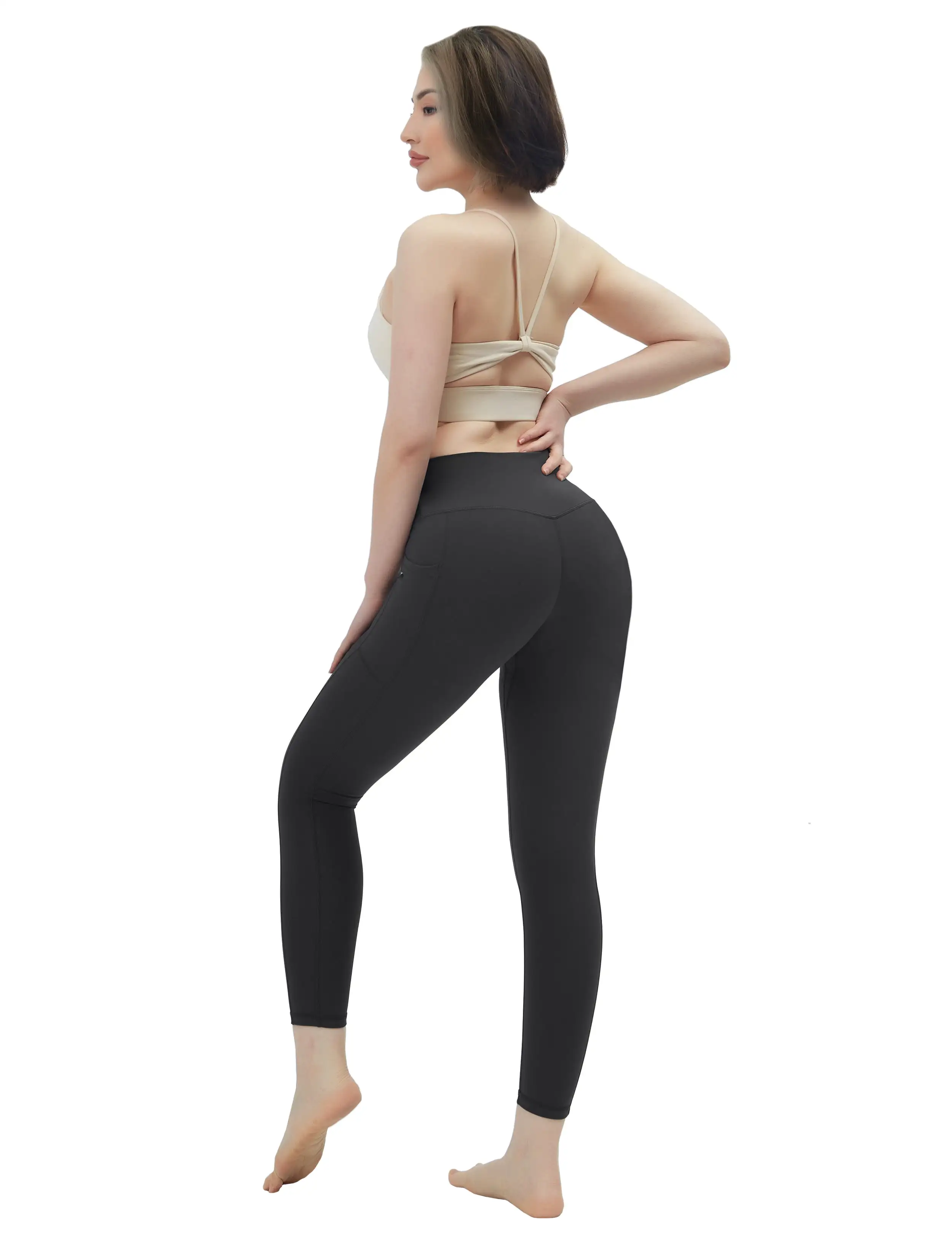 High Waisted yogastudio Pants 7/8 Length Leggings with Pockets charcoalgrey_yogastudio